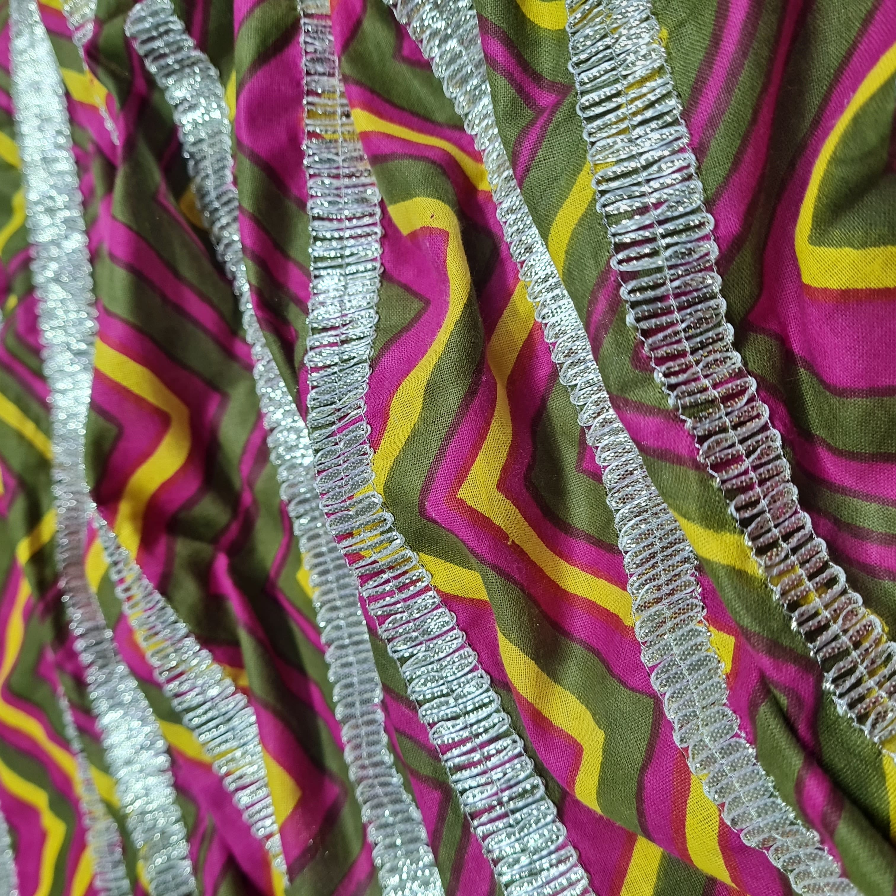 Premium Olive Green Pink Chevron Print Gota Work Cambric Cotton Fabric - Image 3