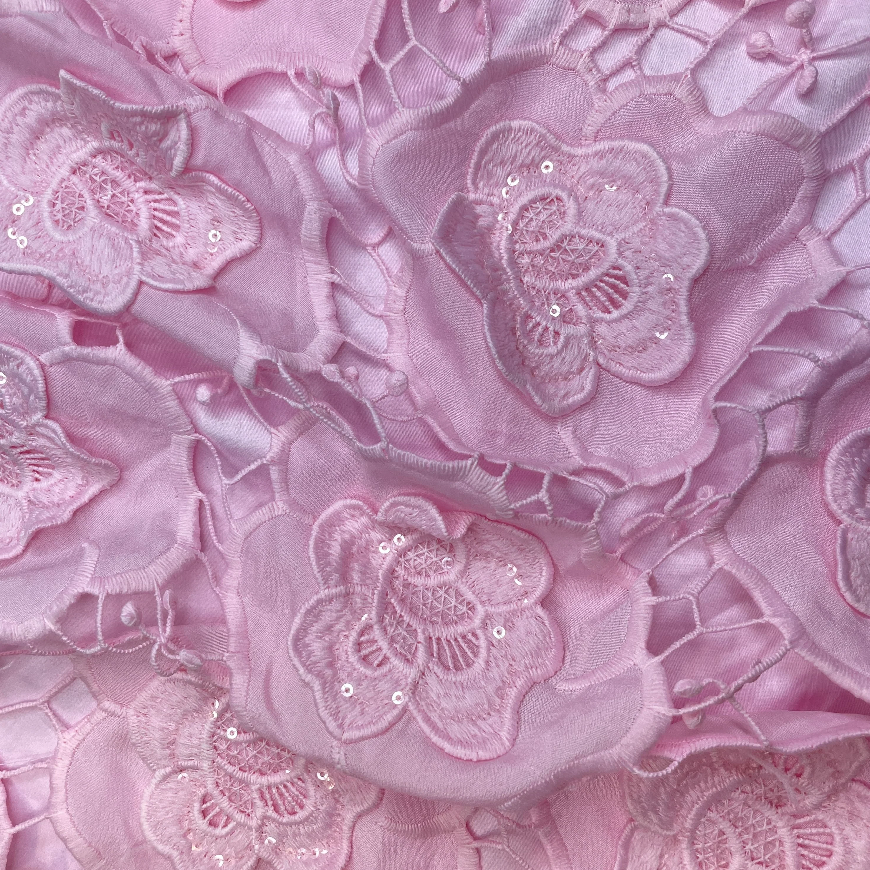 Premium Pink 3D Floral Sequins Embroidery Schiffli Crepe Fabric - Image 2
