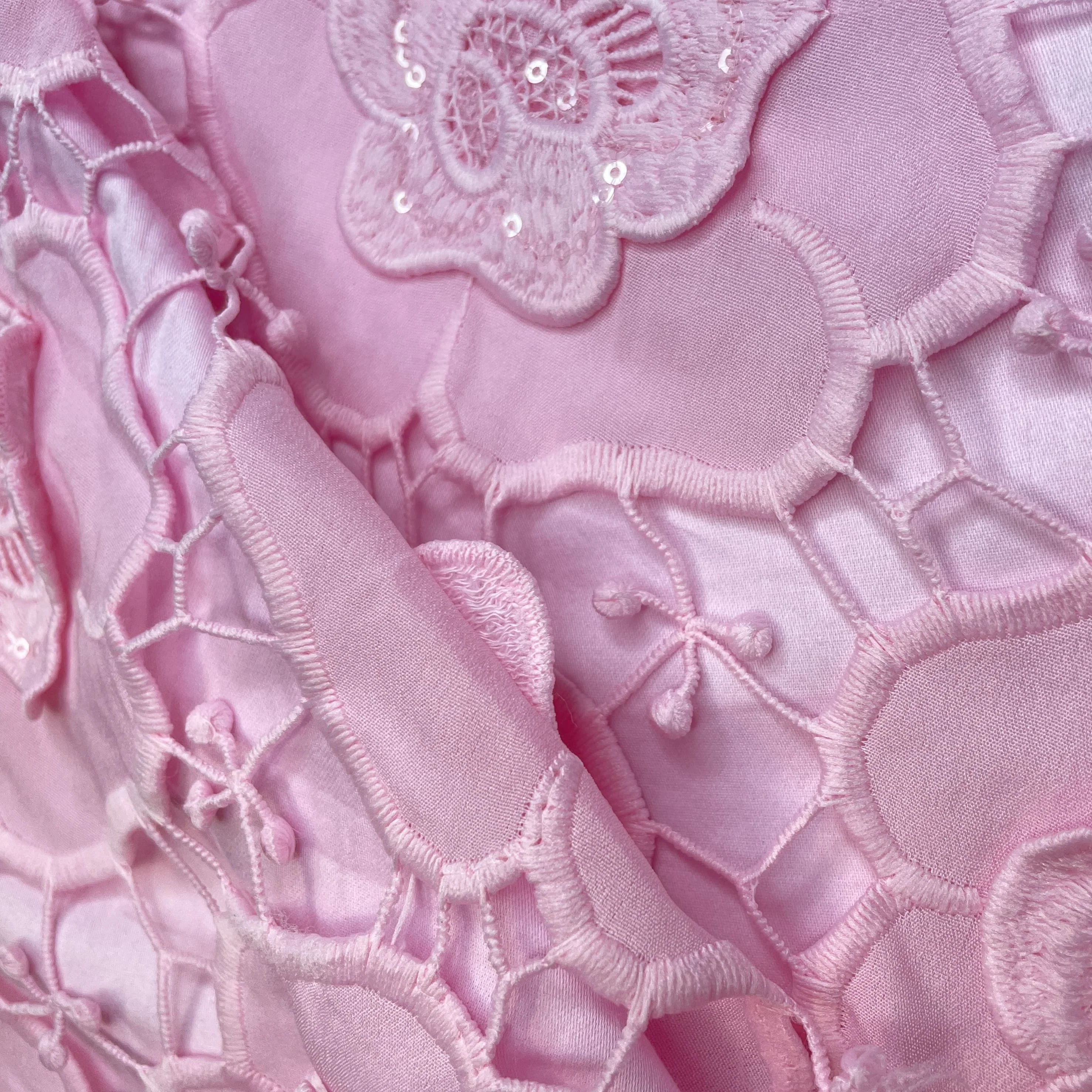 Premium Pink 3D Floral Sequins Embroidery Schiffli Crepe Fabric - Image 3