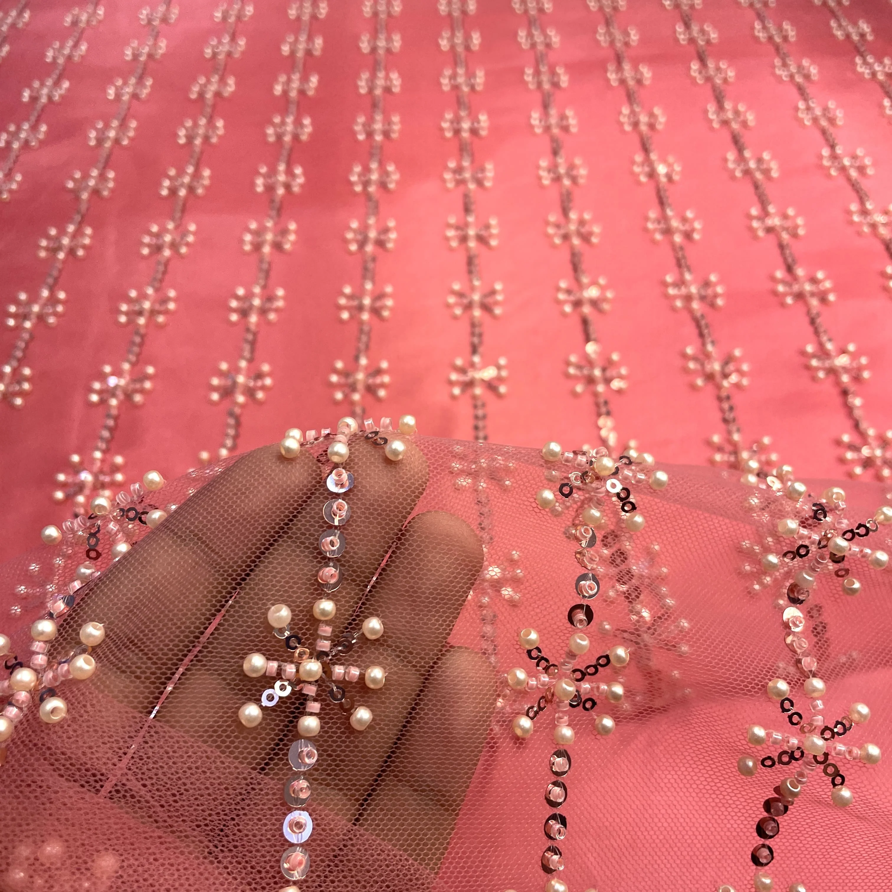 Premium Pink Pearl CutDana Embroidery Net Fabric - Image 3