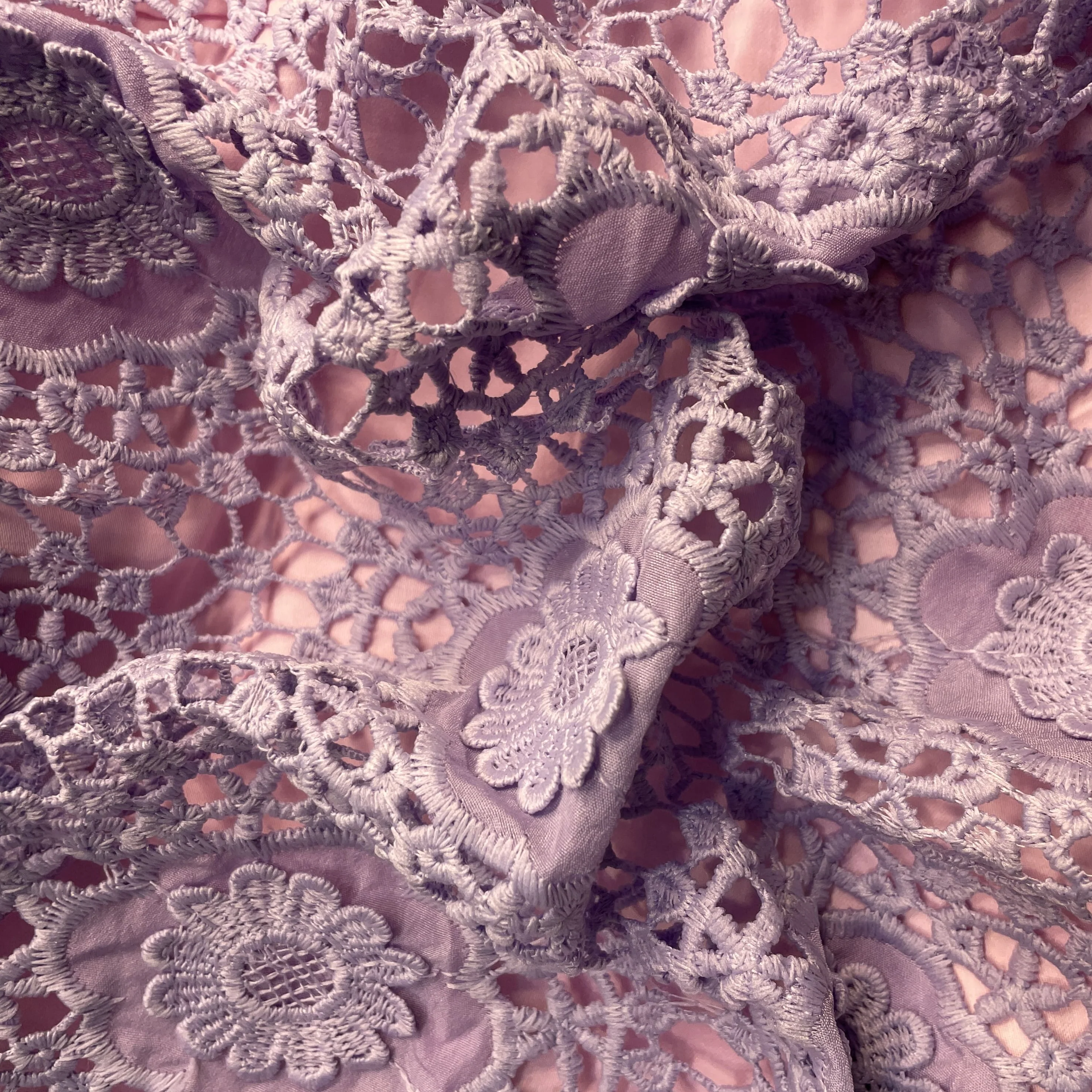 Premium Purple 3D Abstract Floral Embroidery Schiffli Crepe Fabric - Image 2