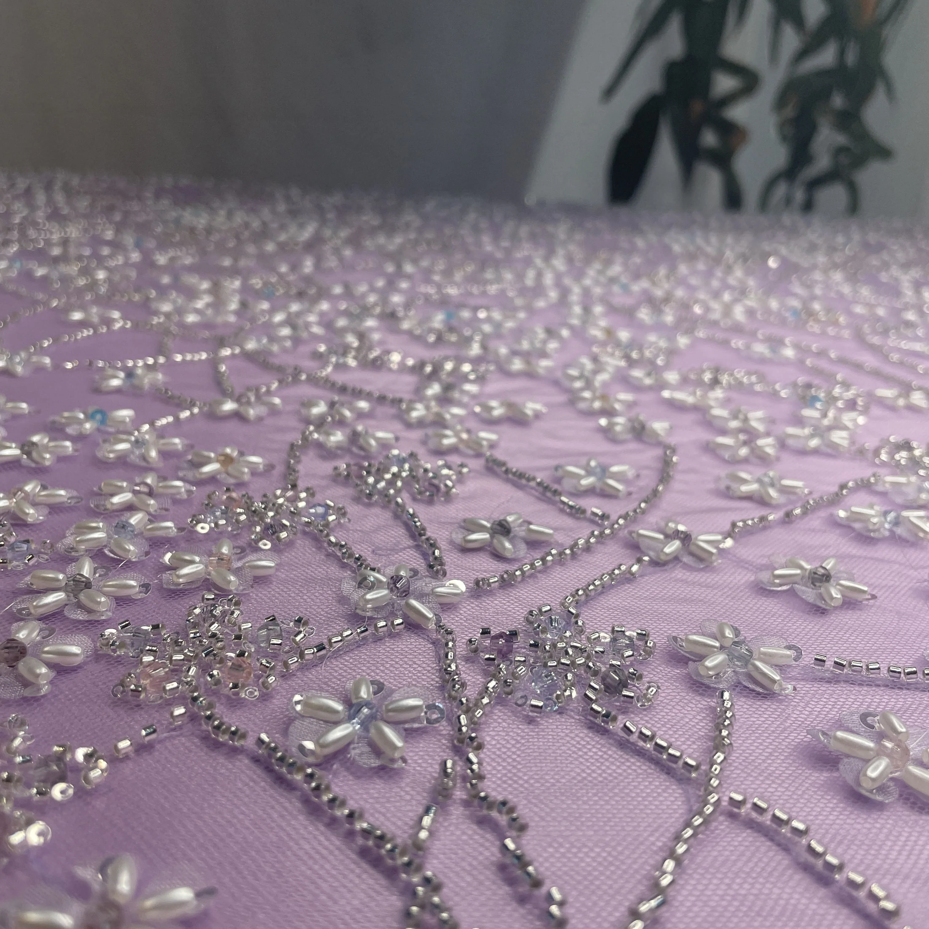 Premium Purple Ricebeads Handcrafted Embroidery Net Fabric - Image 2