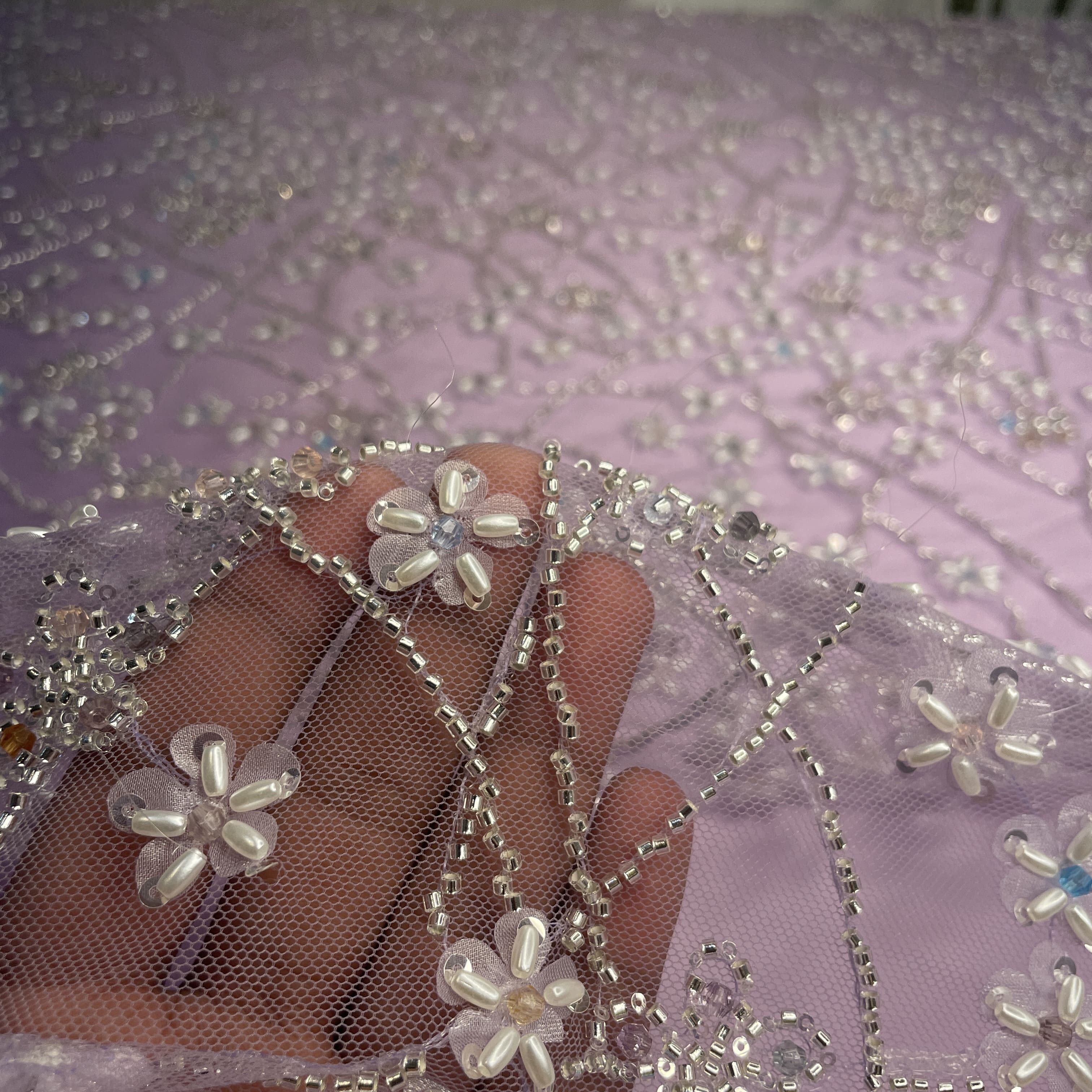 Premium Purple Ricebeads Handcrafted Embroidery Net Fabric - Image 3
