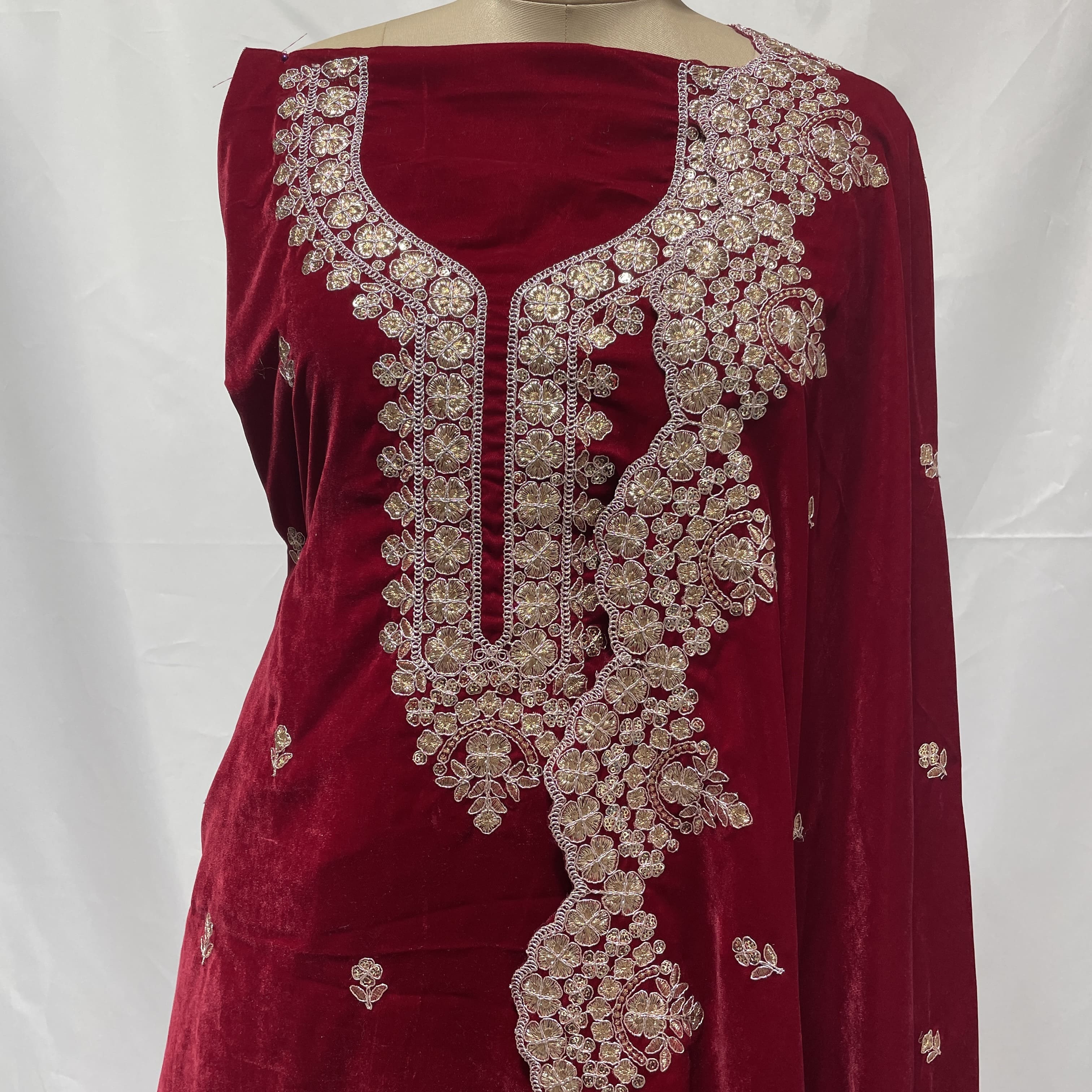 Premium Red Zari Sequins Embroidery Velvet Suit Set With Dupatta - Image 3