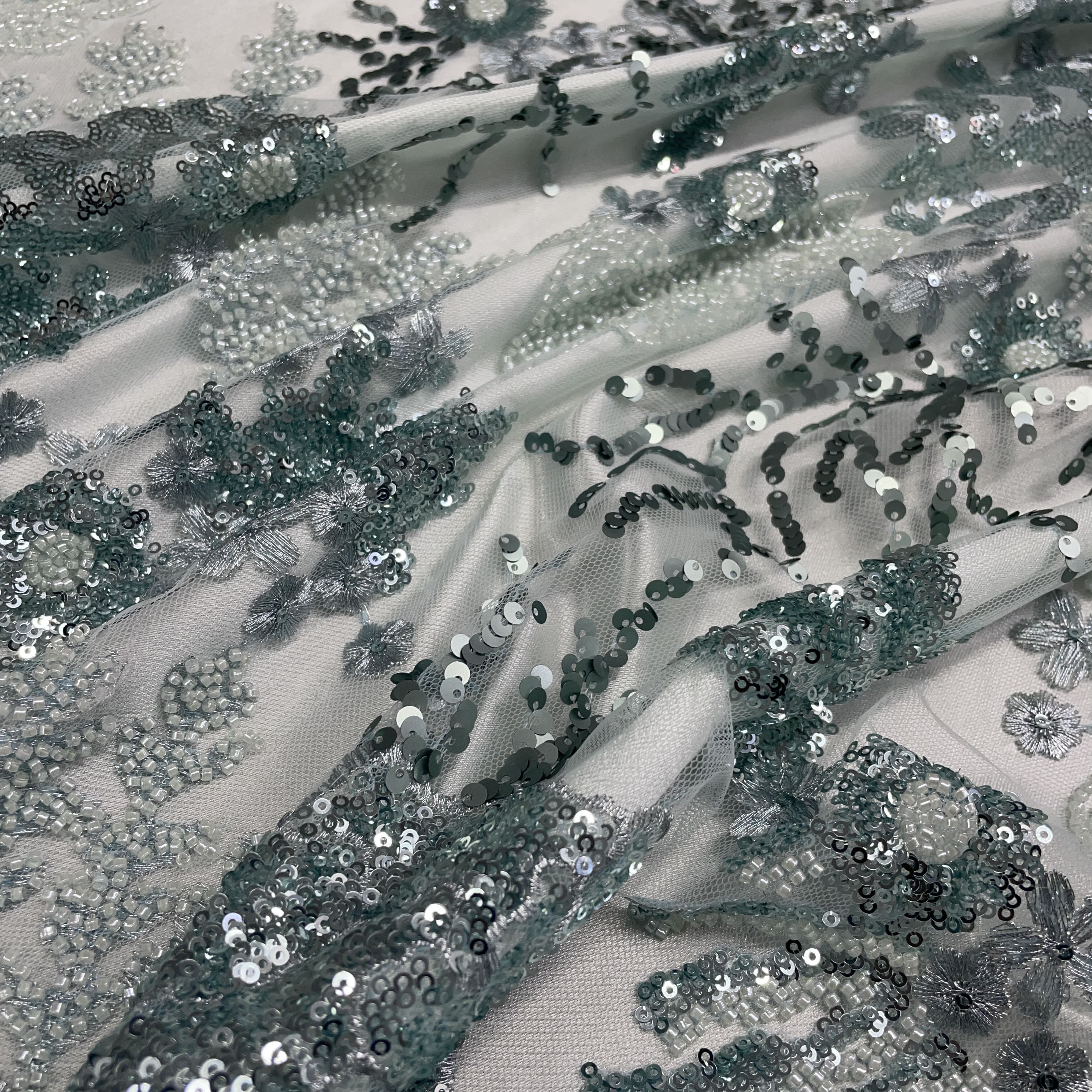 Premium Sea Green Handwork Bead Imported Sequence Thread Embroidery Net Fabric - Image 3