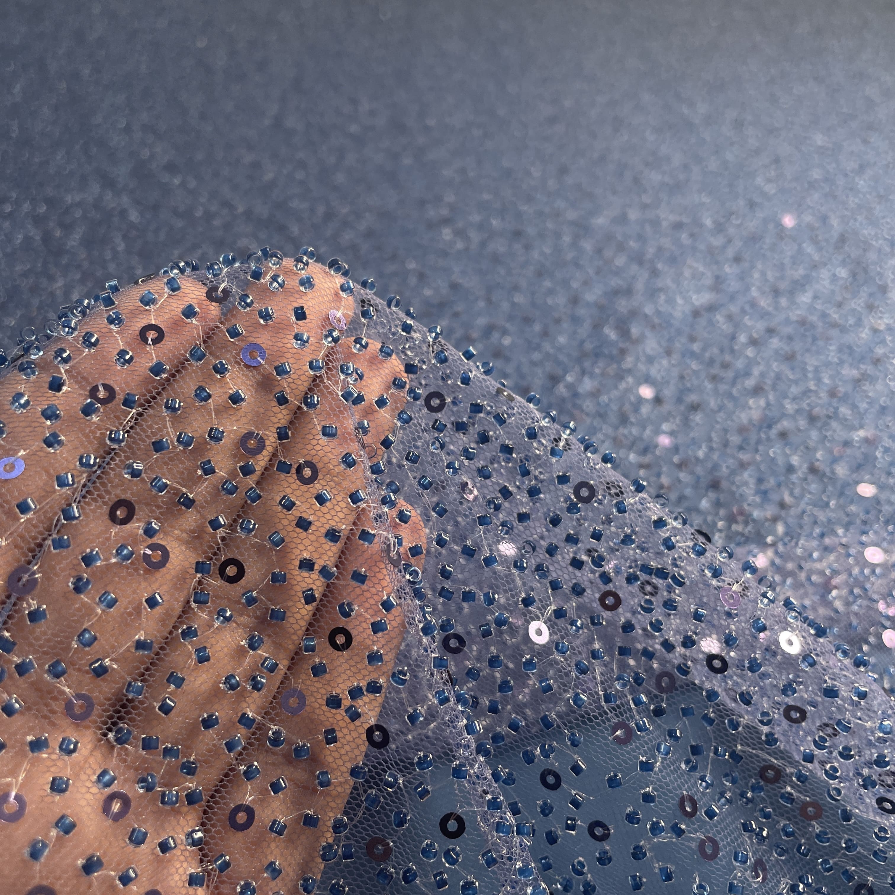 Premium Steel Blue Heavy Sequins CutDana Embroidery Net Fabric - Image 3