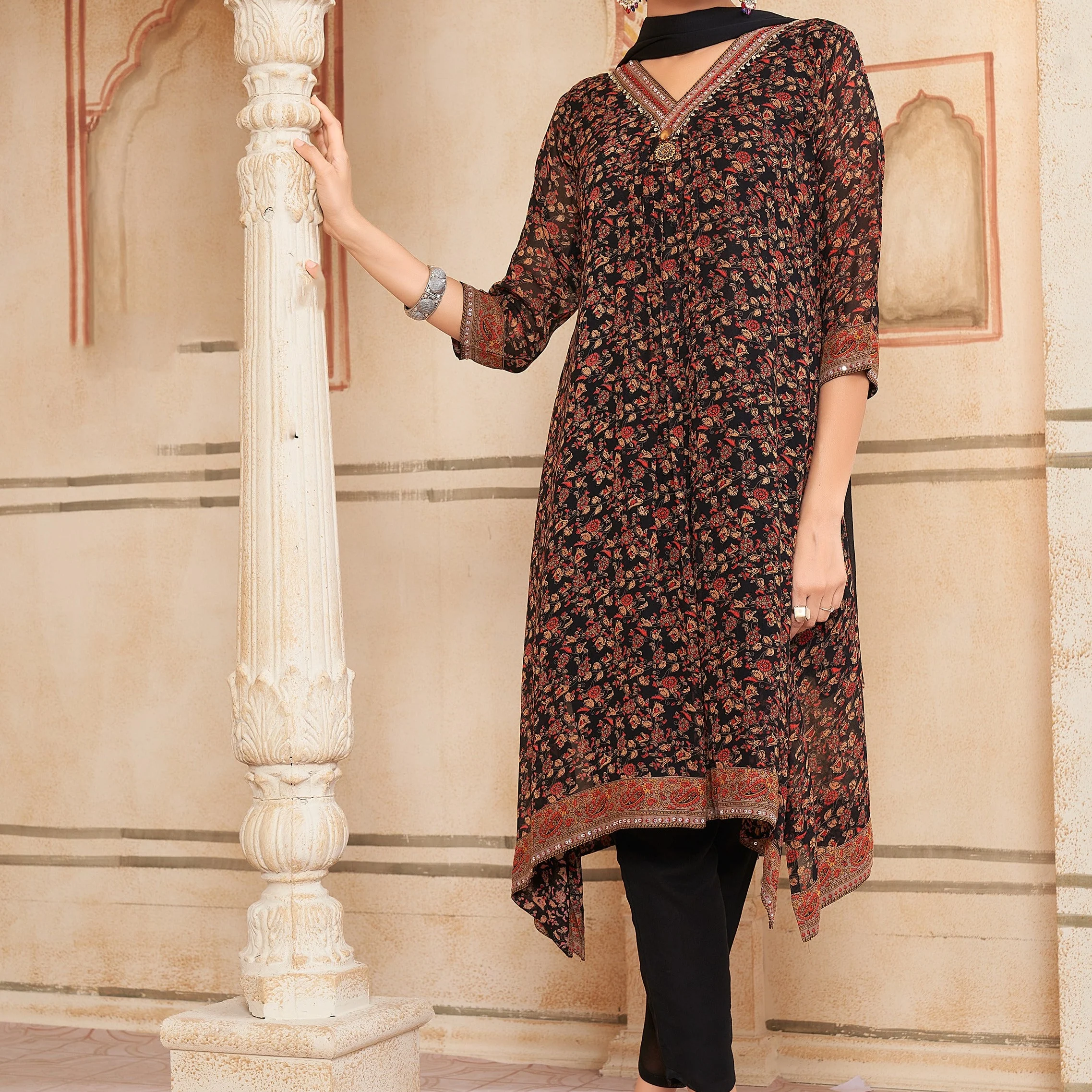 Premium Suit Set With Dupatta (Top-Muslin, Bottom-Satun, Dupatta-Siffon) Black Floral Print Fabric - Image 5