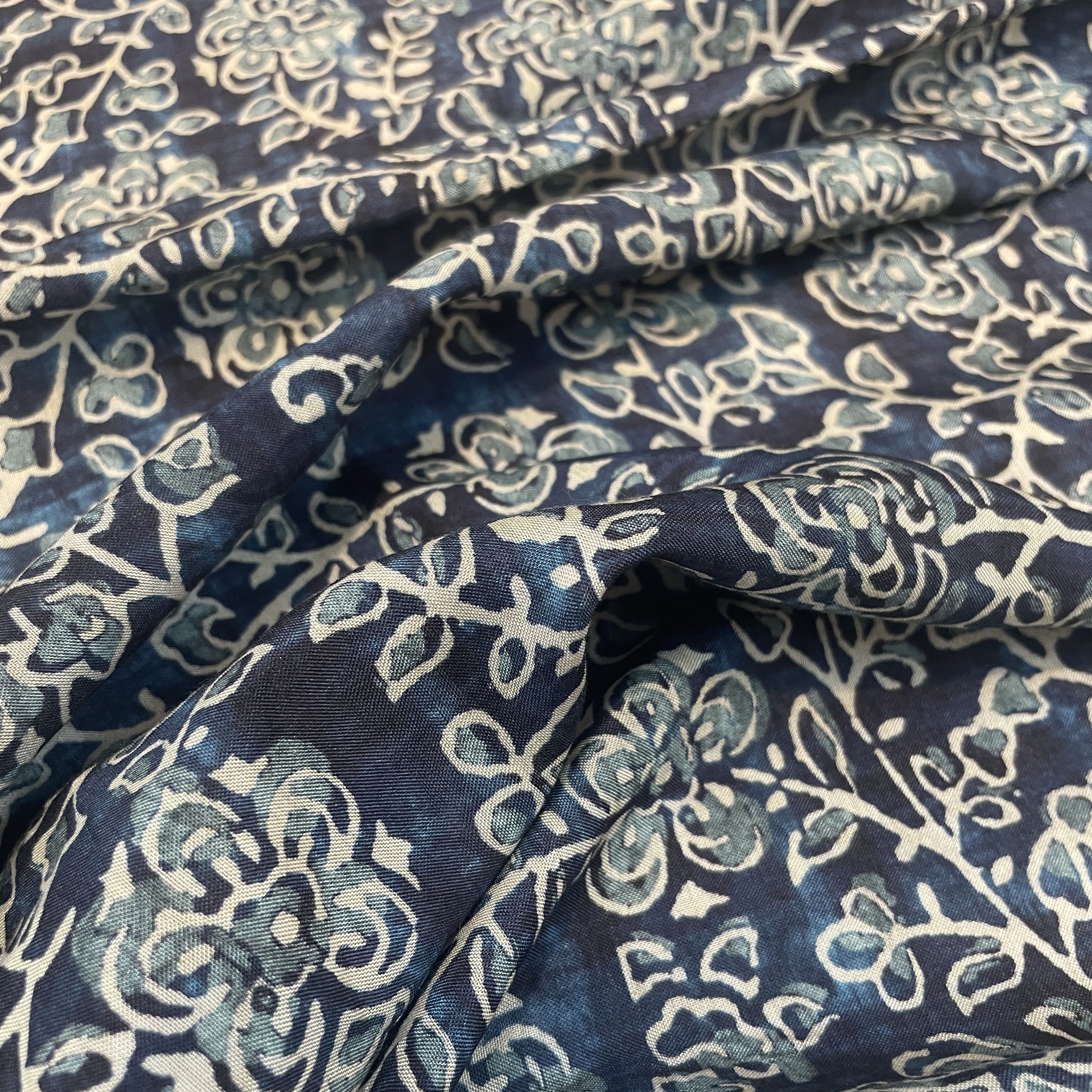 Premium Teal Blue Bagru Border Print Muslin Fabric - Image 3