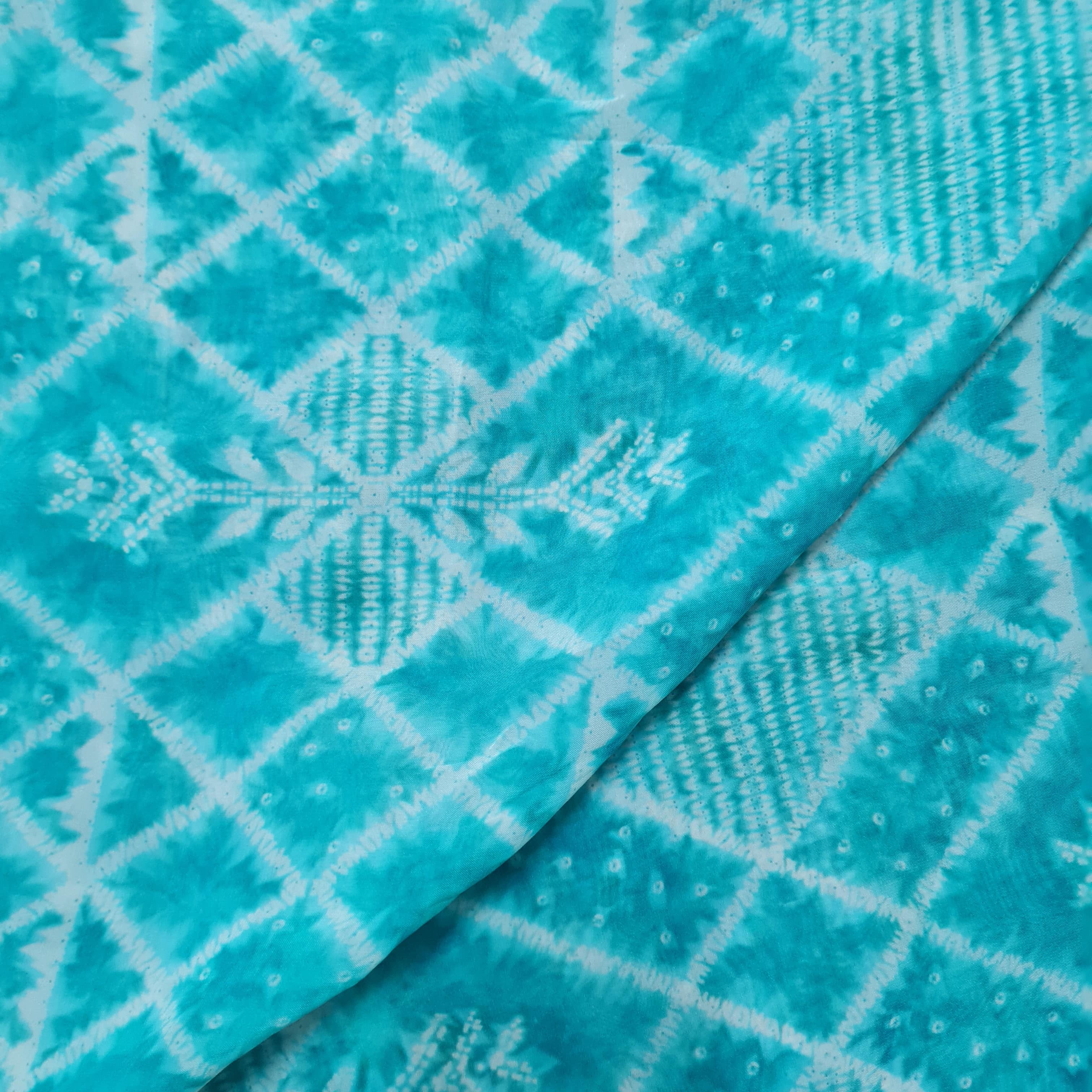 Premium Turquiose Blue Bandhani Prints Organza Fabric - Image 3