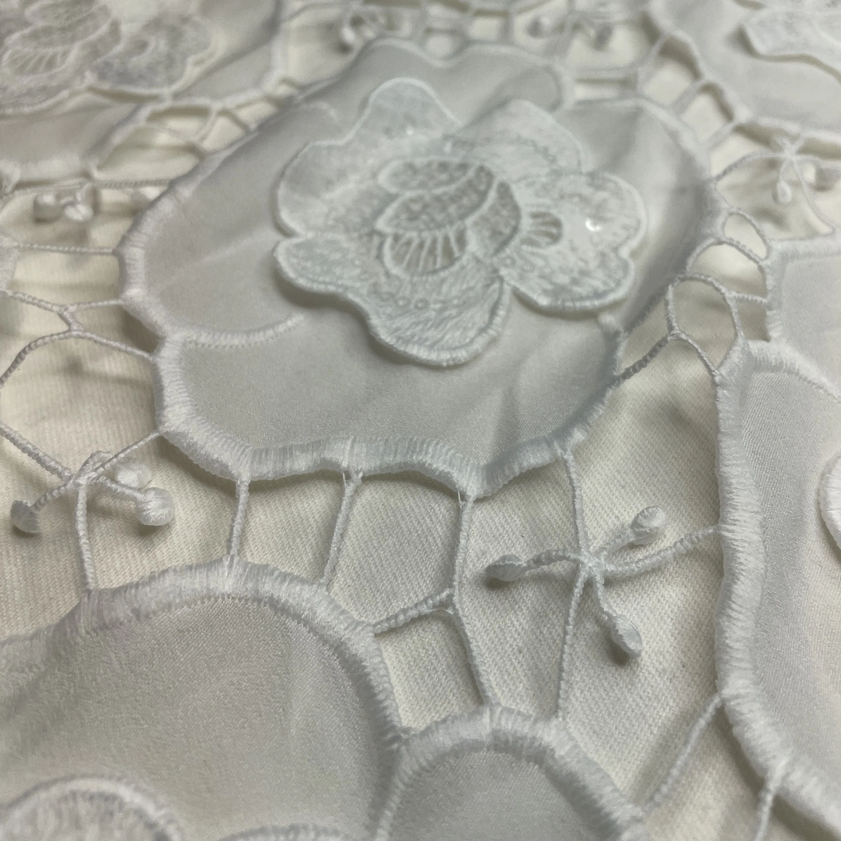 Premium White 3D Floral Sequins Embroidery Schiffli Crepe Fabric - Image 2