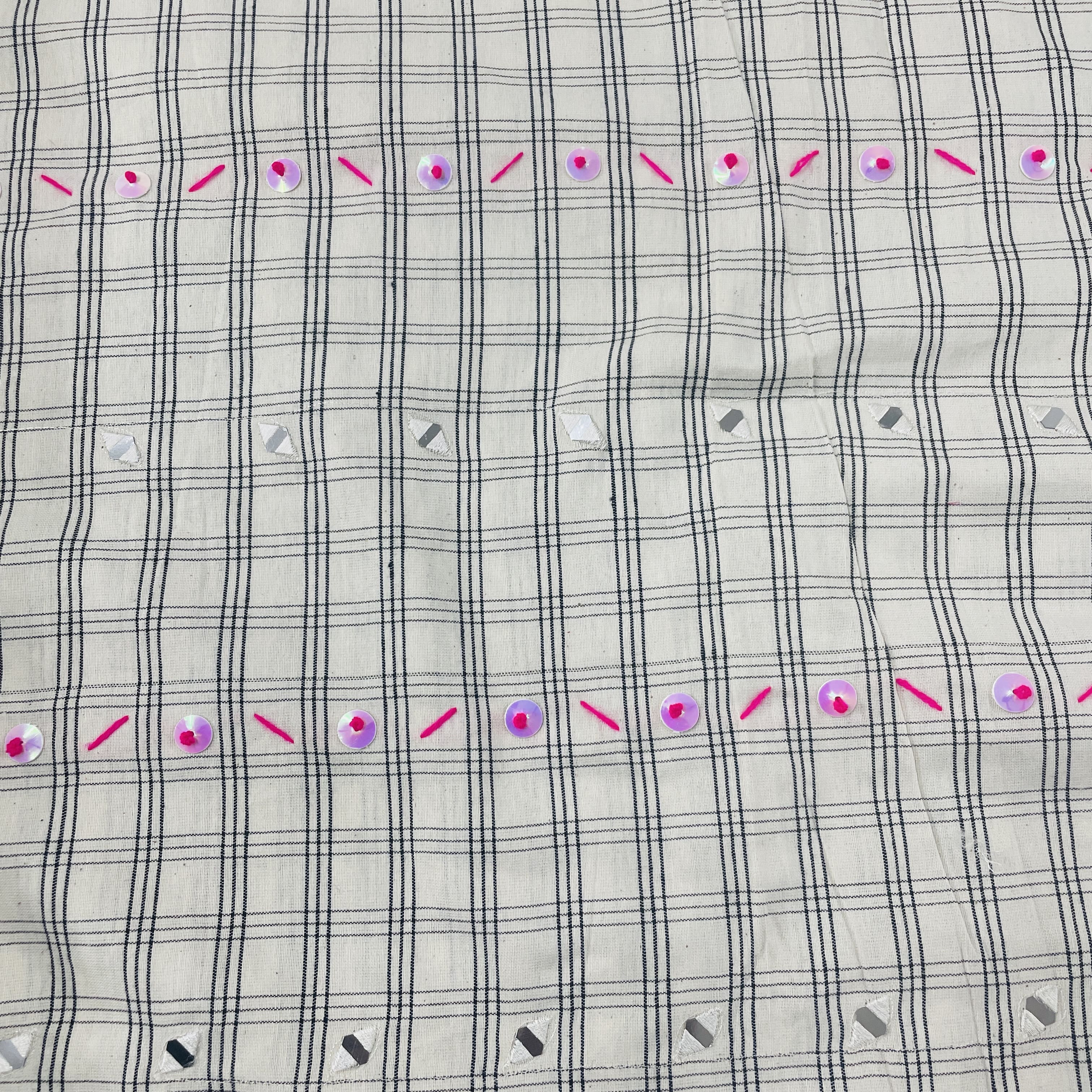 Premium White & Black Check With Mirror Sequins Embroidery Cotton Fabric - Image 2