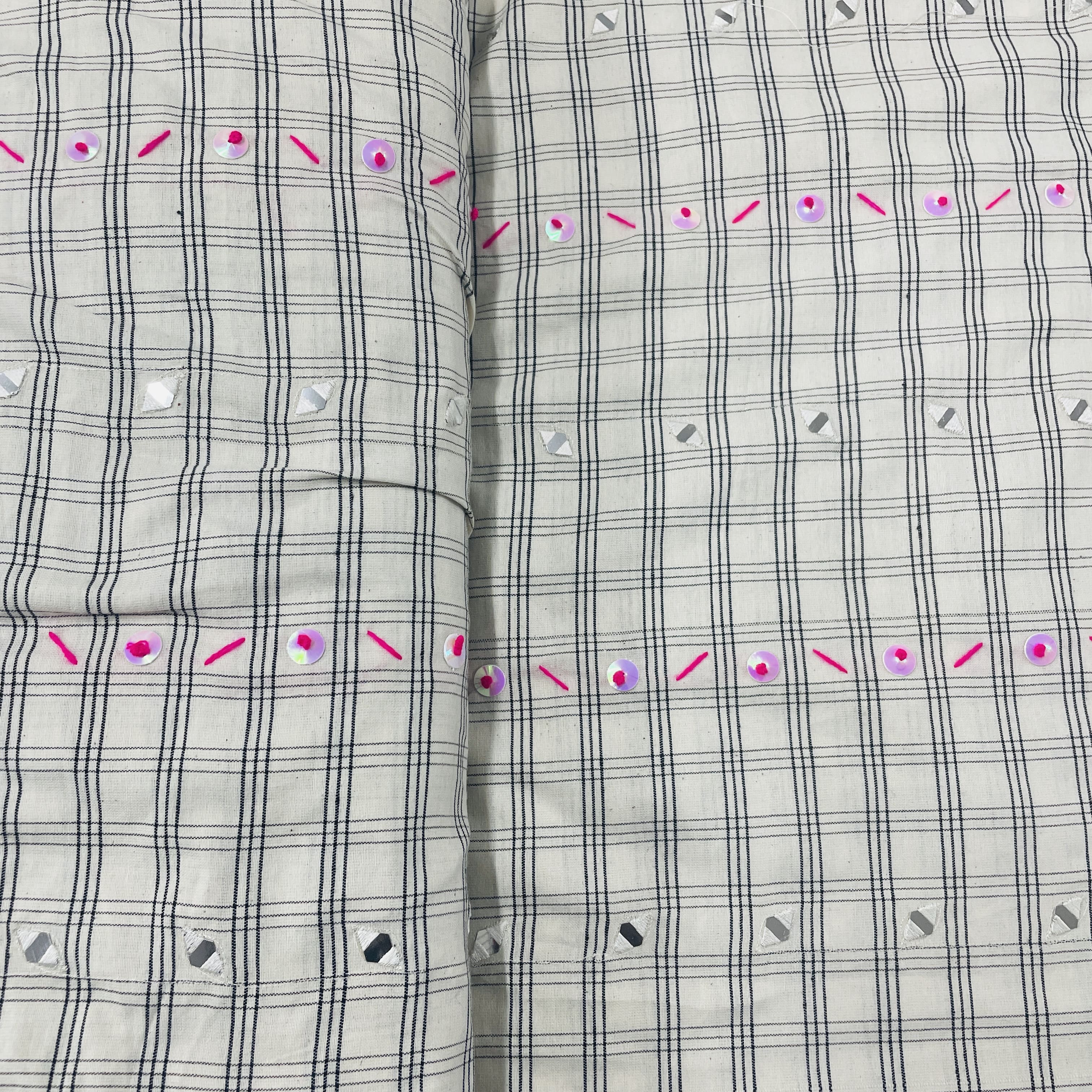 Premium White & Black Check With Mirror Sequins Embroidery Cotton Fabric - Image 3