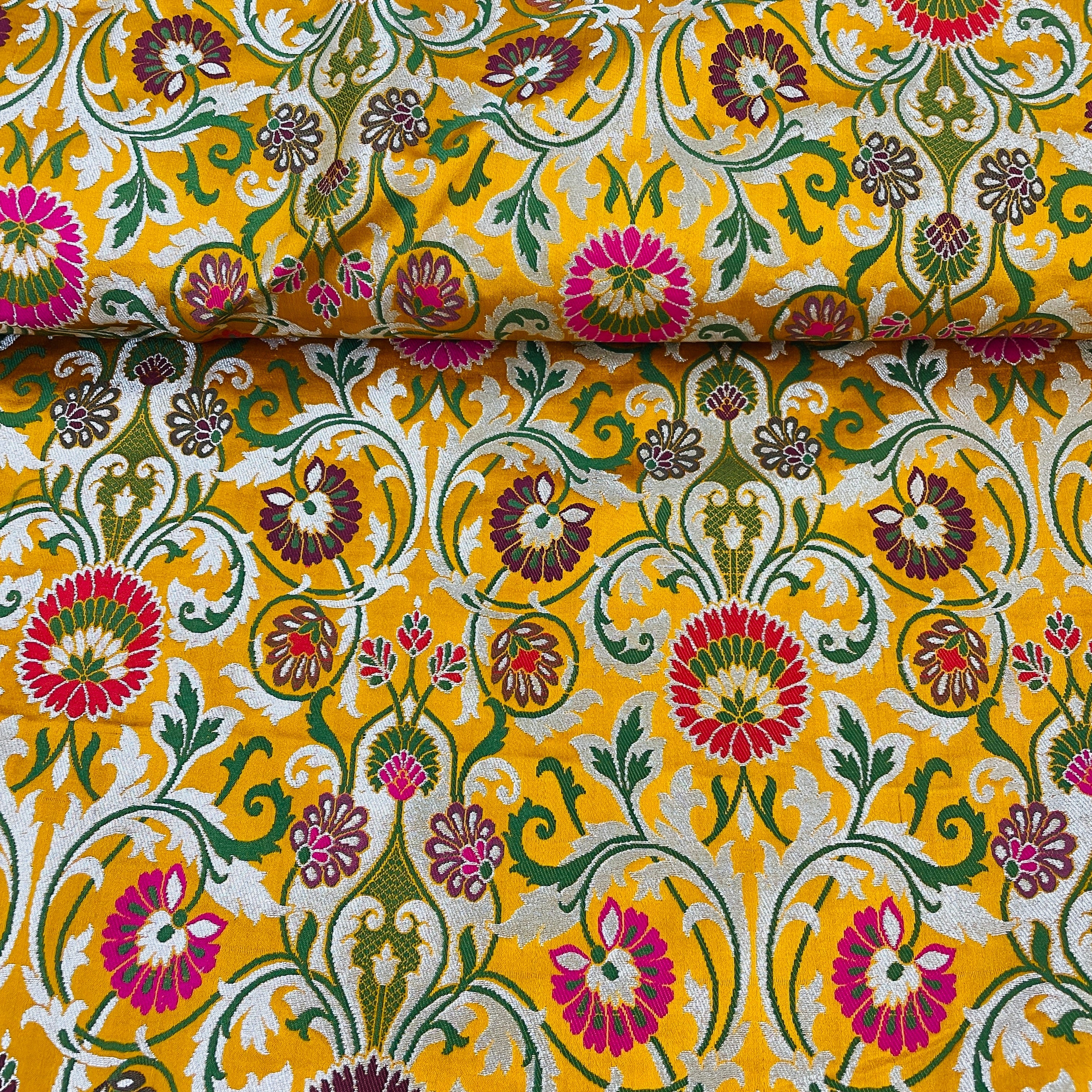 Premium Yellow Floral Zari Khimkhwab Banarasi Silk Fabric - Image 3