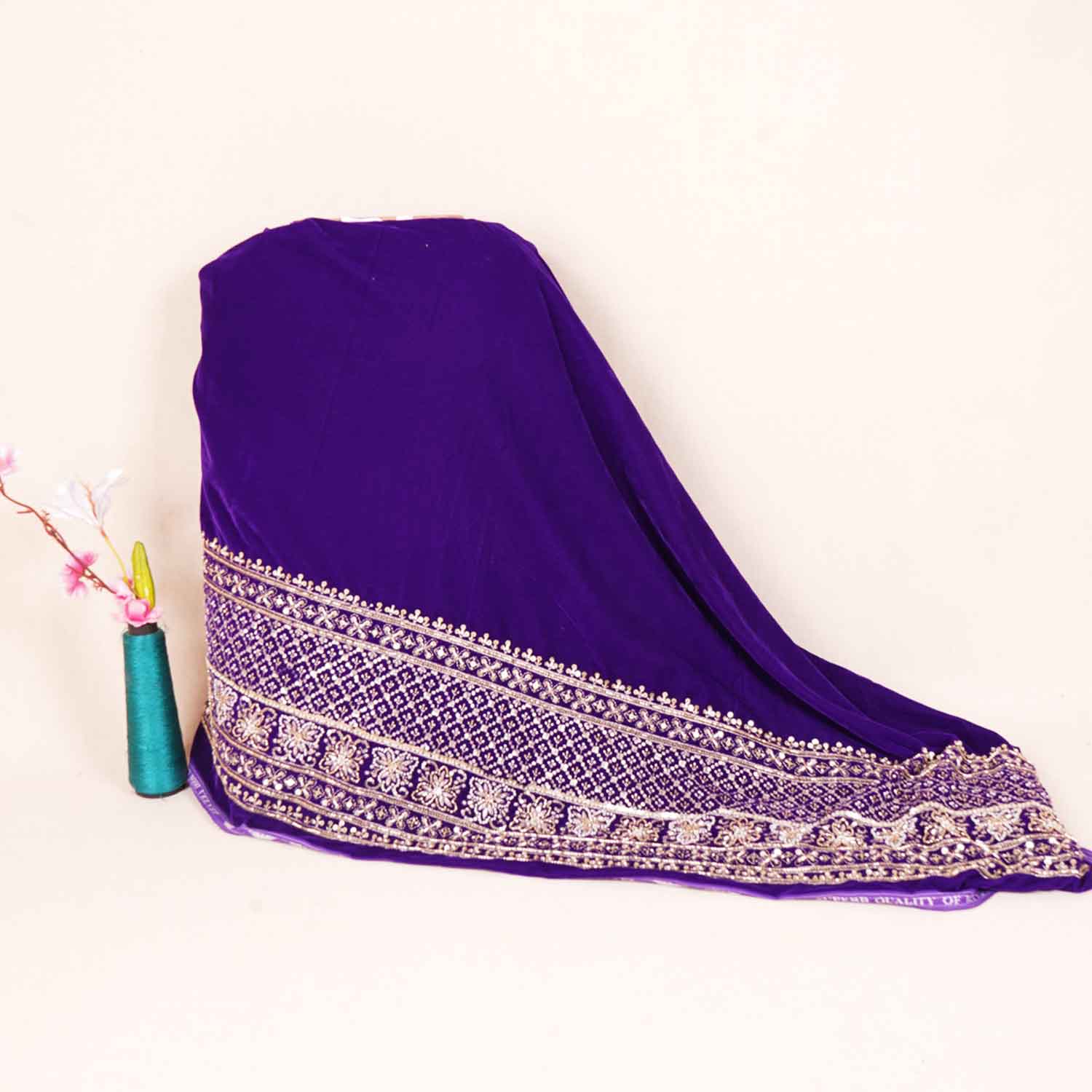 Purple Border Work Cutdana Embroidery Micro Velvet 9000 SC-27995