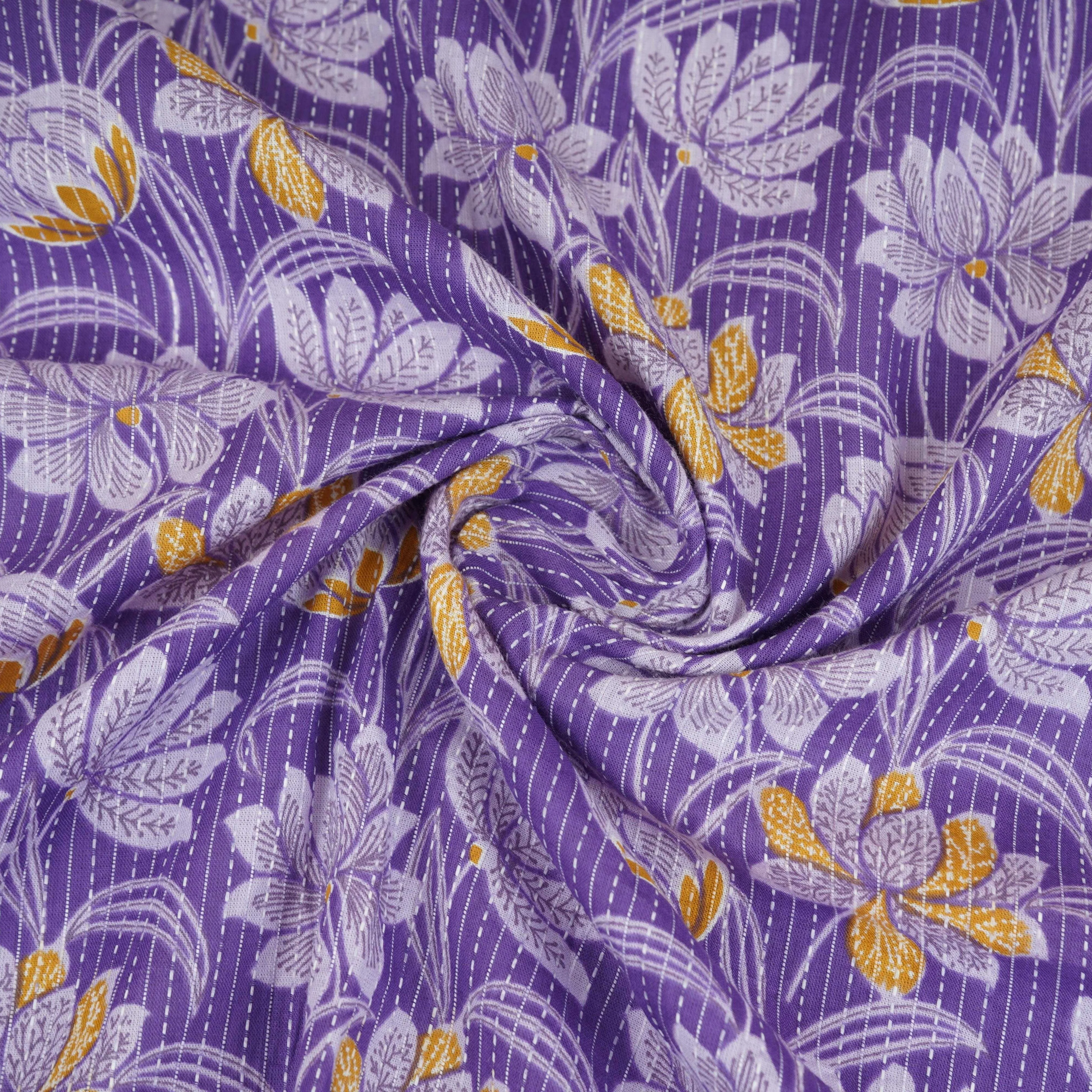 Purple Floral Kantha Print Cotton Fabric OG-30292 - Image 3