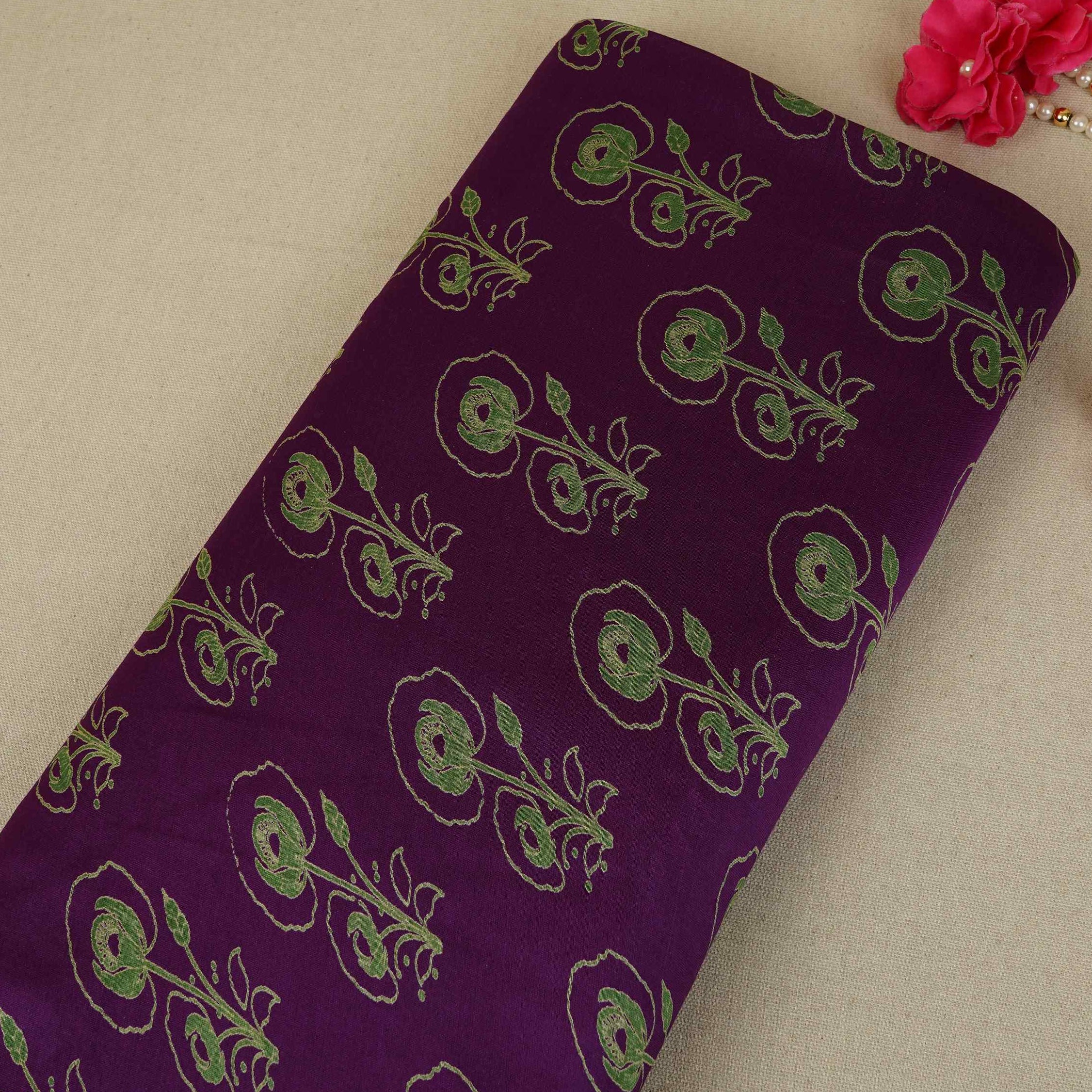 Purple Floral Print Pure 70gm Chanderi Fabric SN-30536