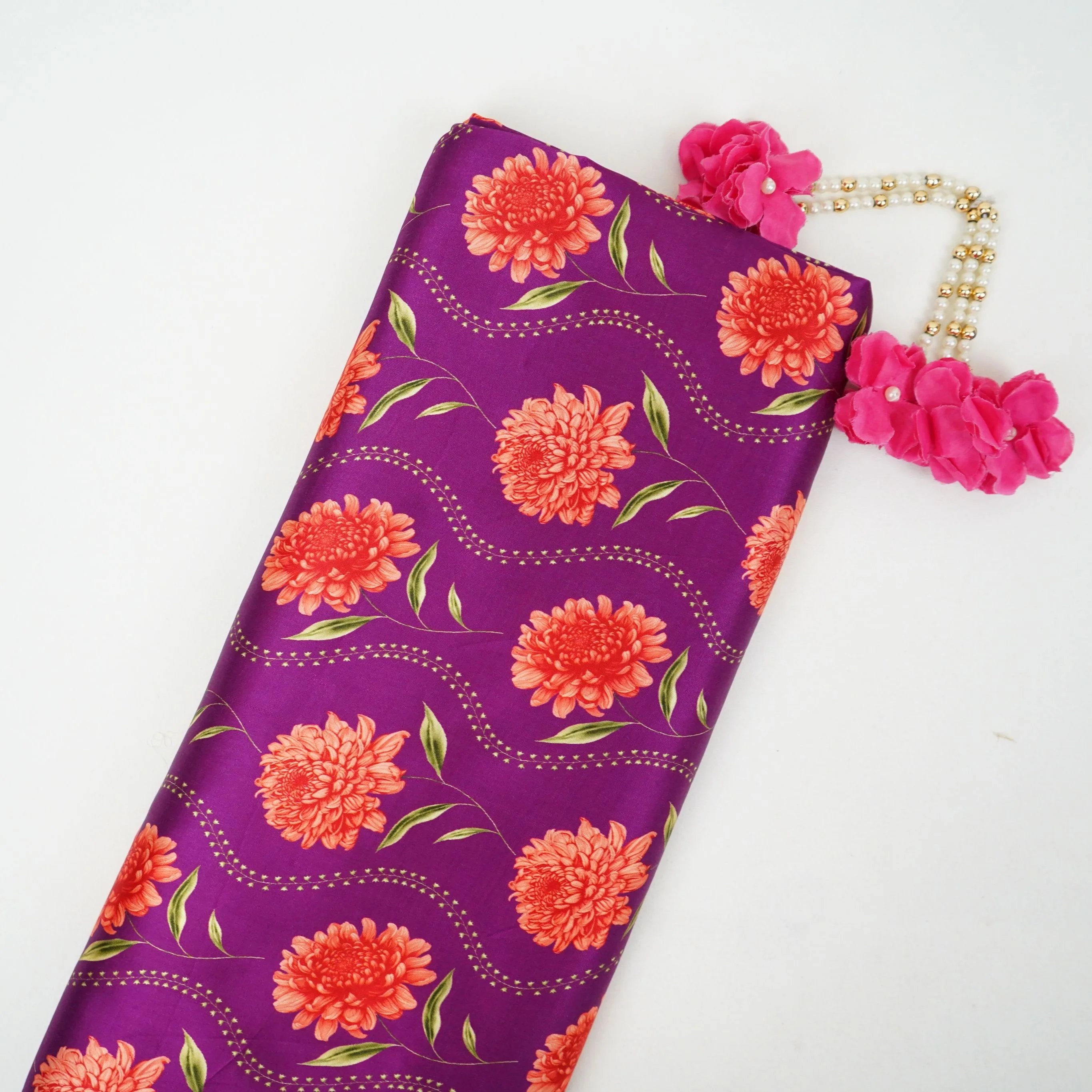 Purple floral print Silk Satin Fabric NVC-31566