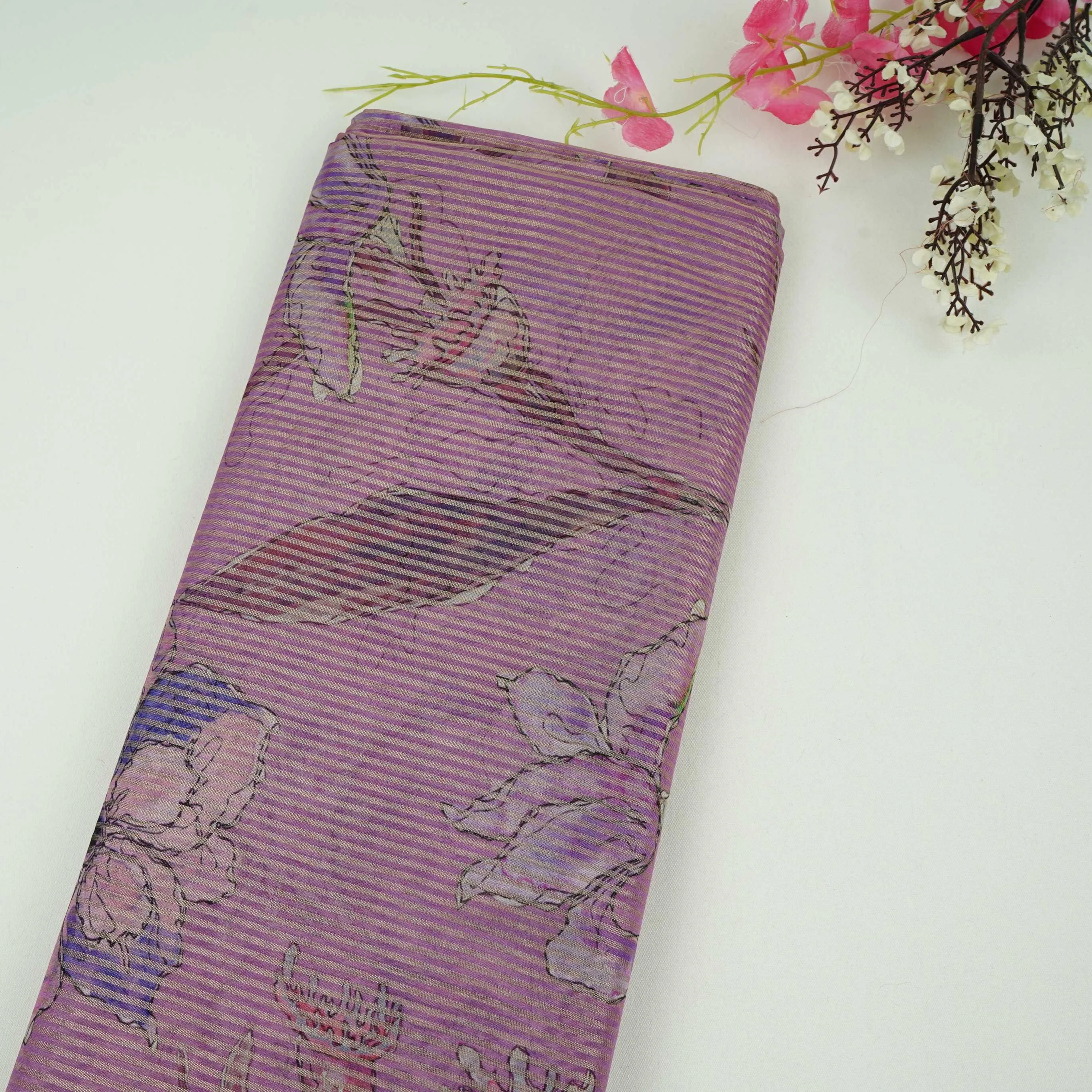 Purple floral with stripes print Organza Fabric VP-32018