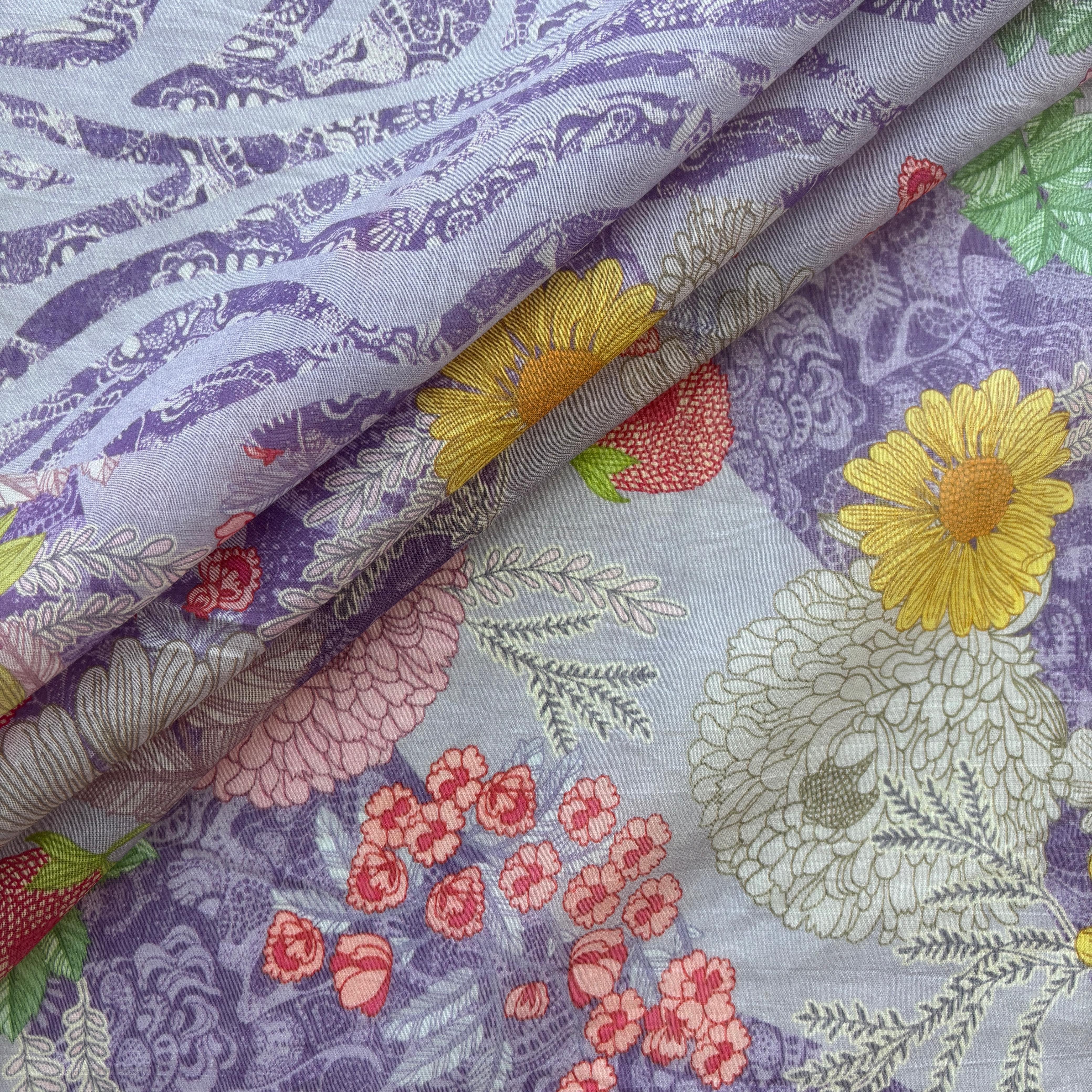 Purple Multicolor Floral Print Chanderi Silk Fabric - Image 2