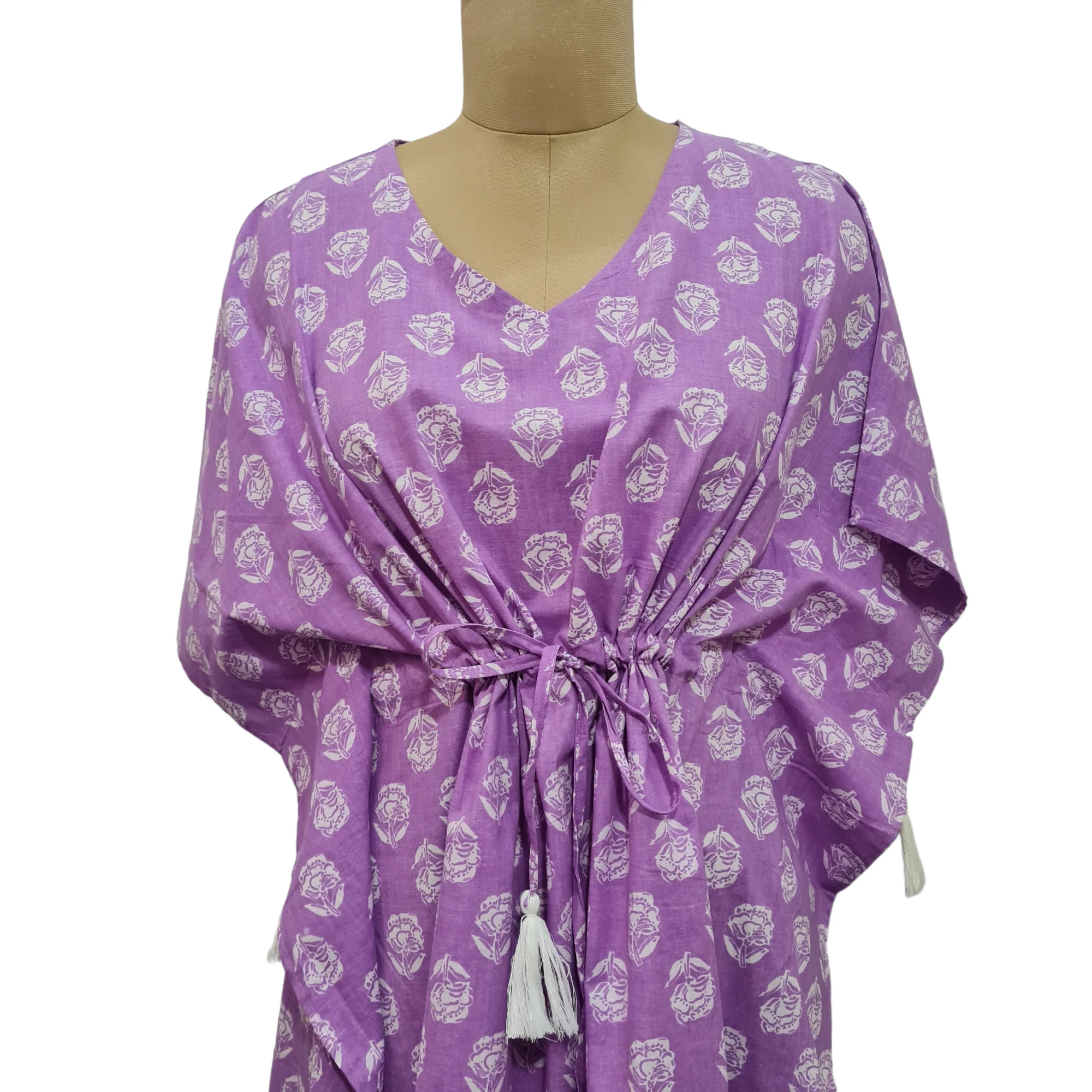Purple White Floral Print Cotton Kaftan - Image 3