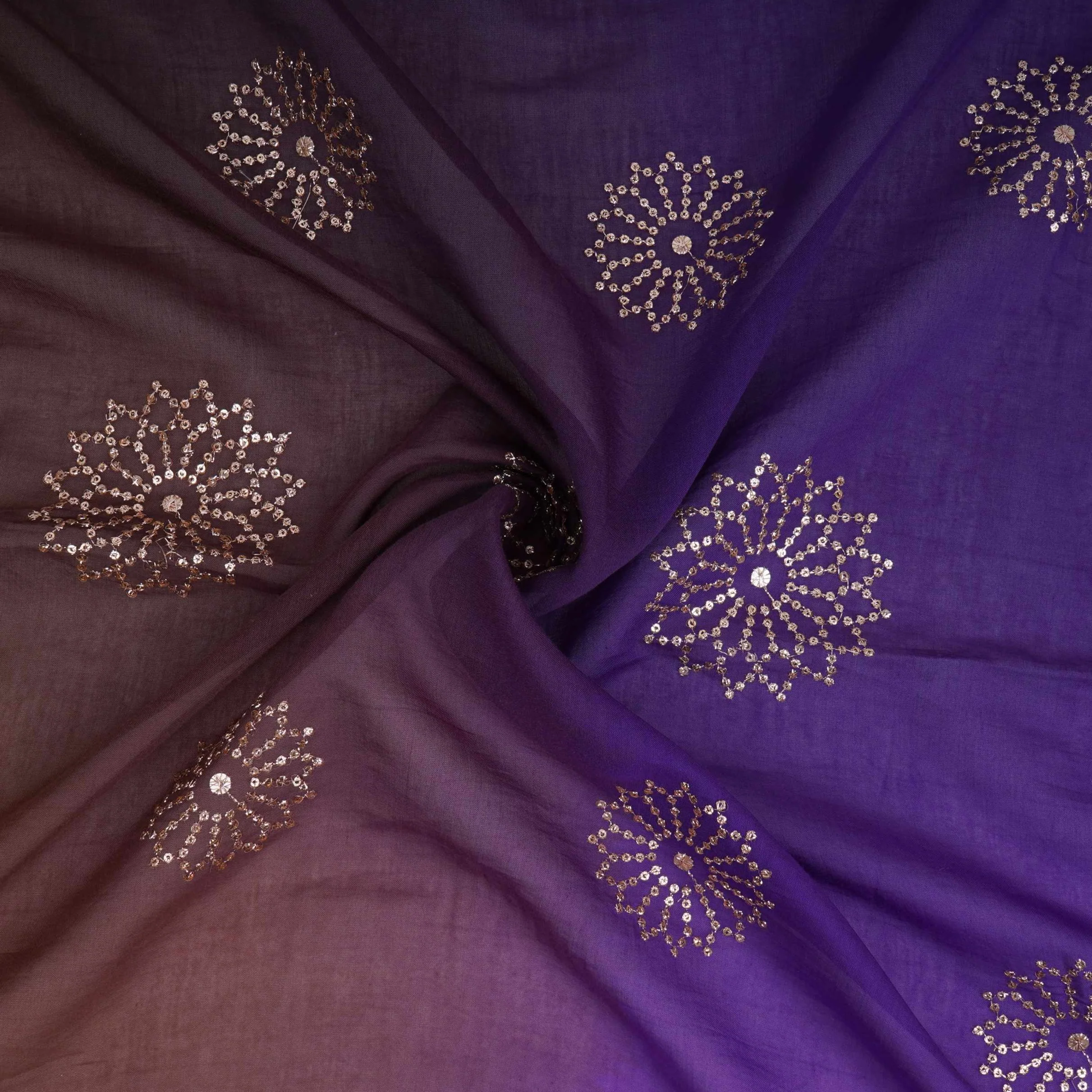 Purple With Olive Green 4D Floral Sequins Embroidery Malai Chanderi Fabric VF-32311 - Image 4
