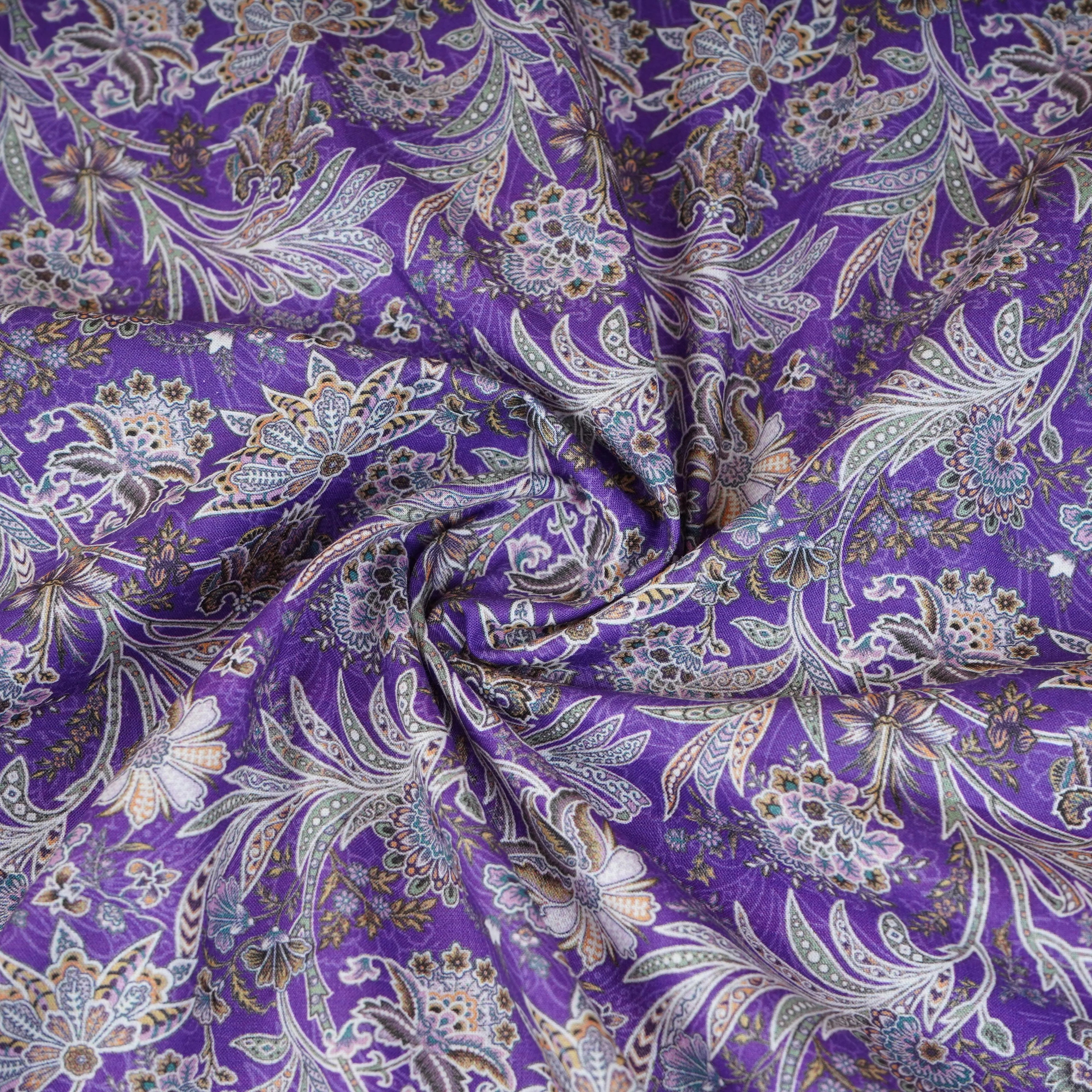 Purple with Silver Paisley Print Cotton Mulmul Fabric PG-30472 - Image 3