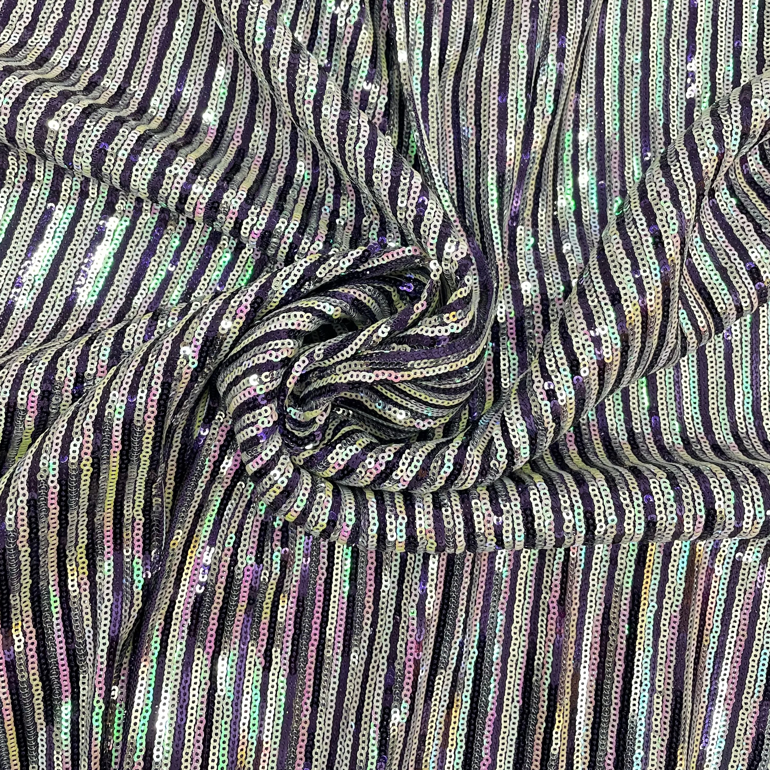 Purple With Silver Stripe Sequins Embroidery Power Net Fabric