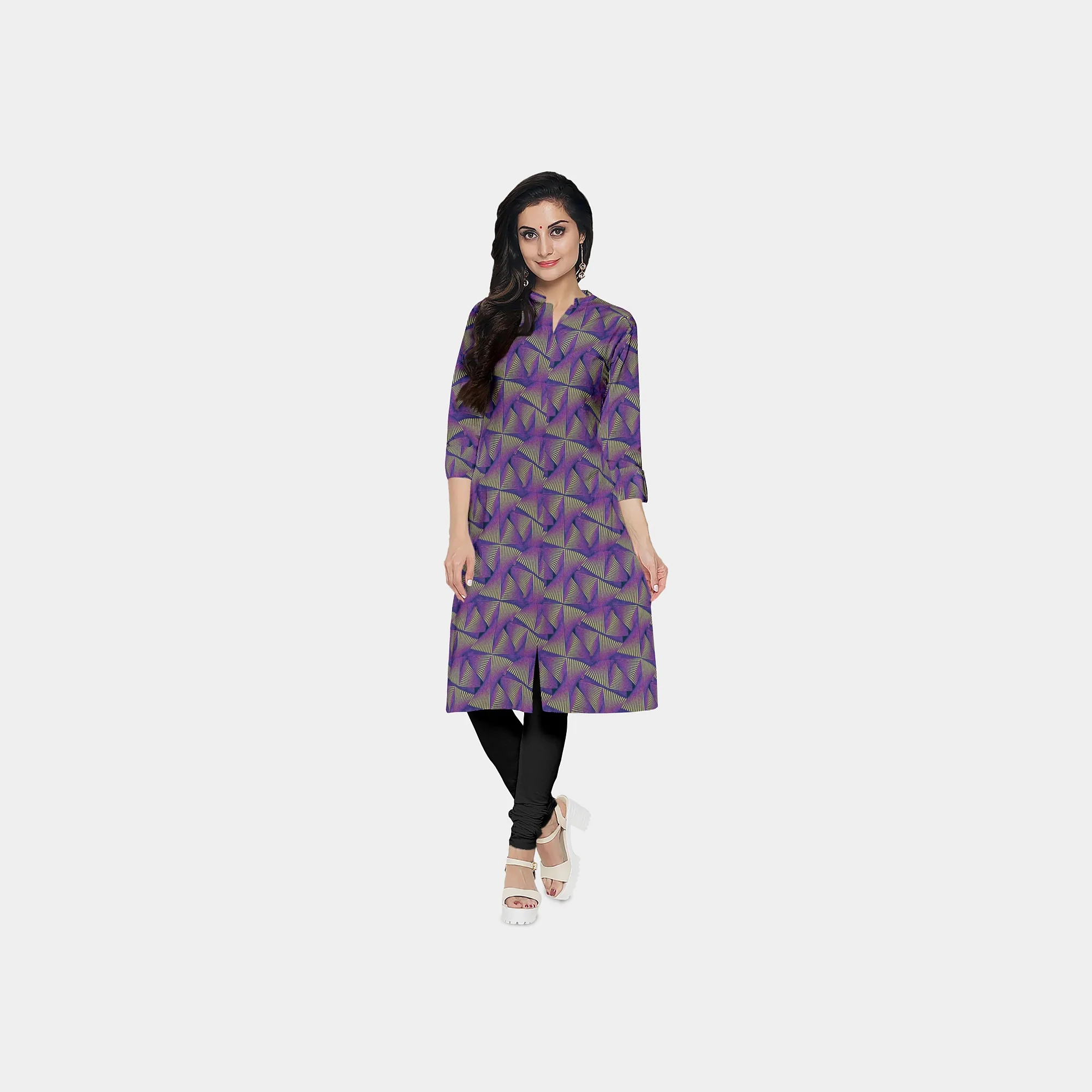 Purple & Yellow Geometrical Print Viscose Dobby Fabric - Image 4