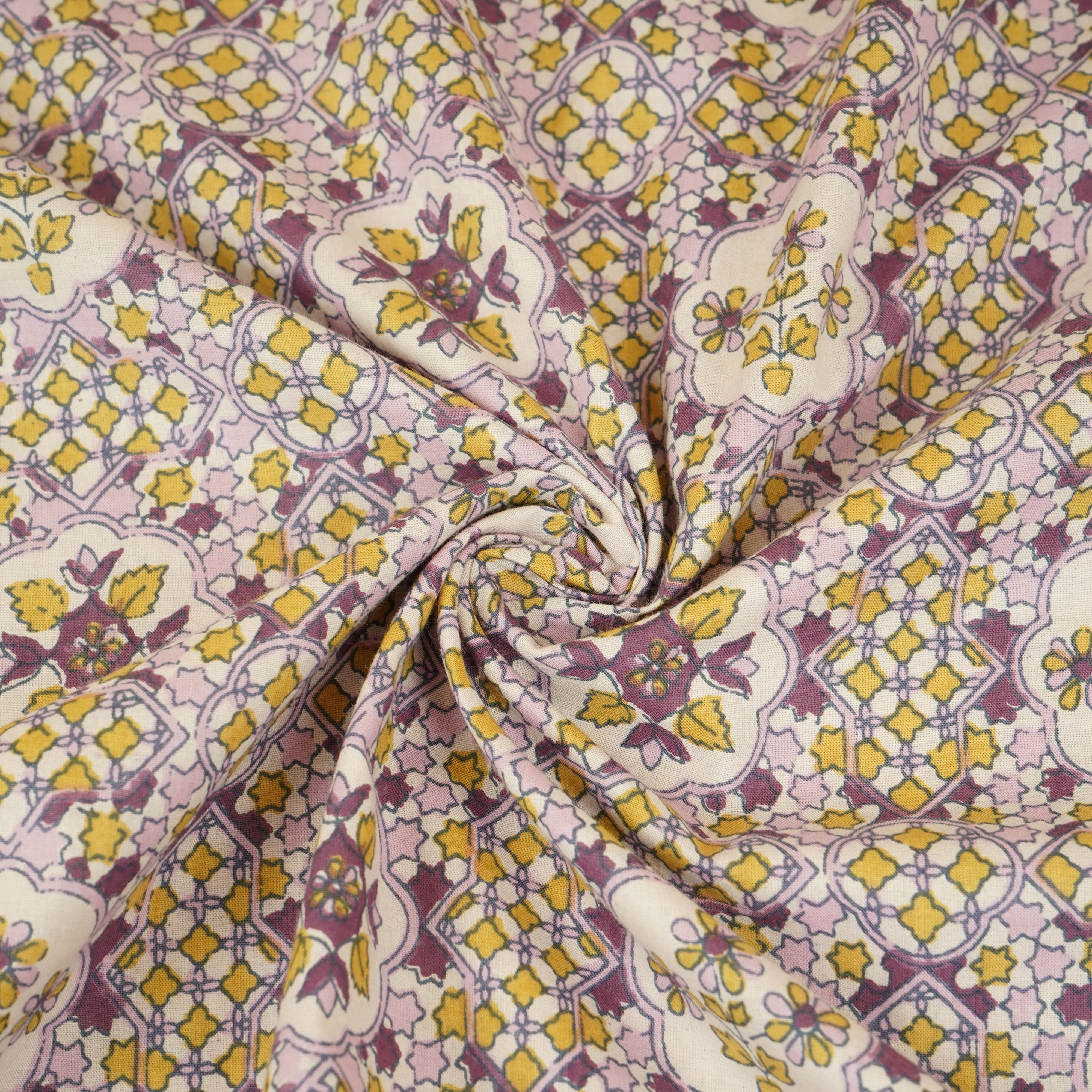 Purple & Yellow Mosaic Floral Print Cotton Fabric PB-29742 - Image 3