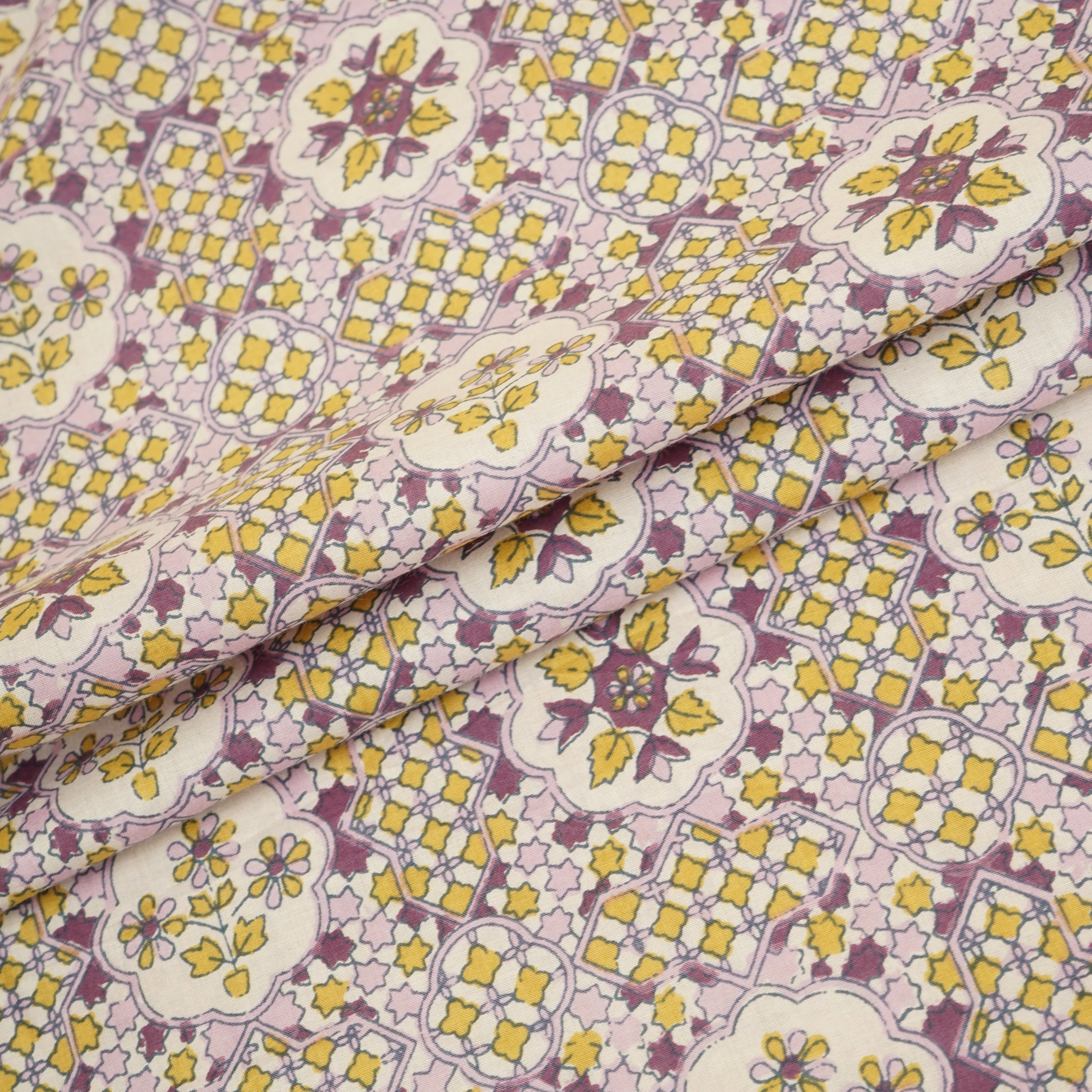 Purple & Yellow Mosaic Floral Print Cotton Fabric PB-29742 - Image 4