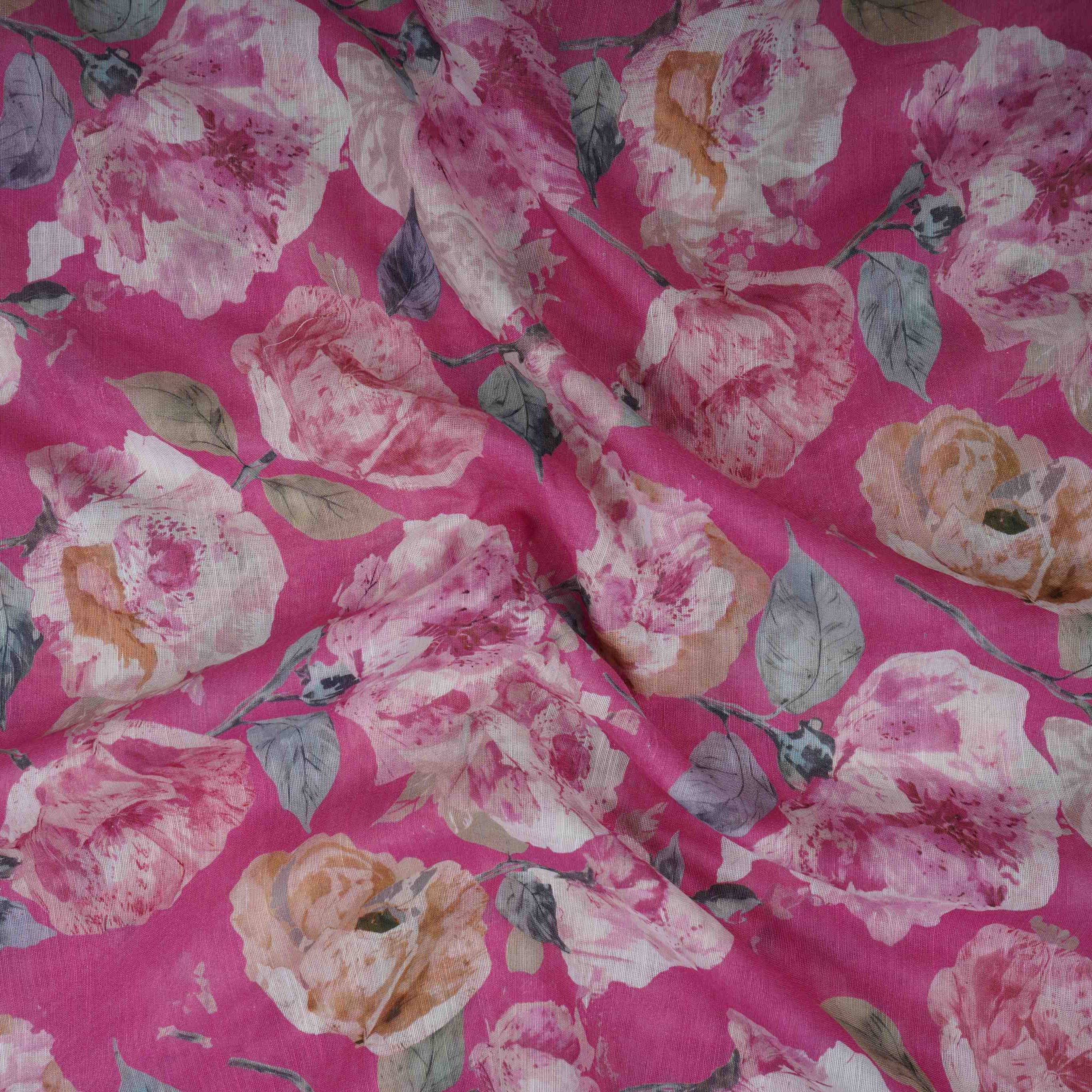 Rani Pink Floral Print Cotton Linen Fabric RT-30907 - Image 2