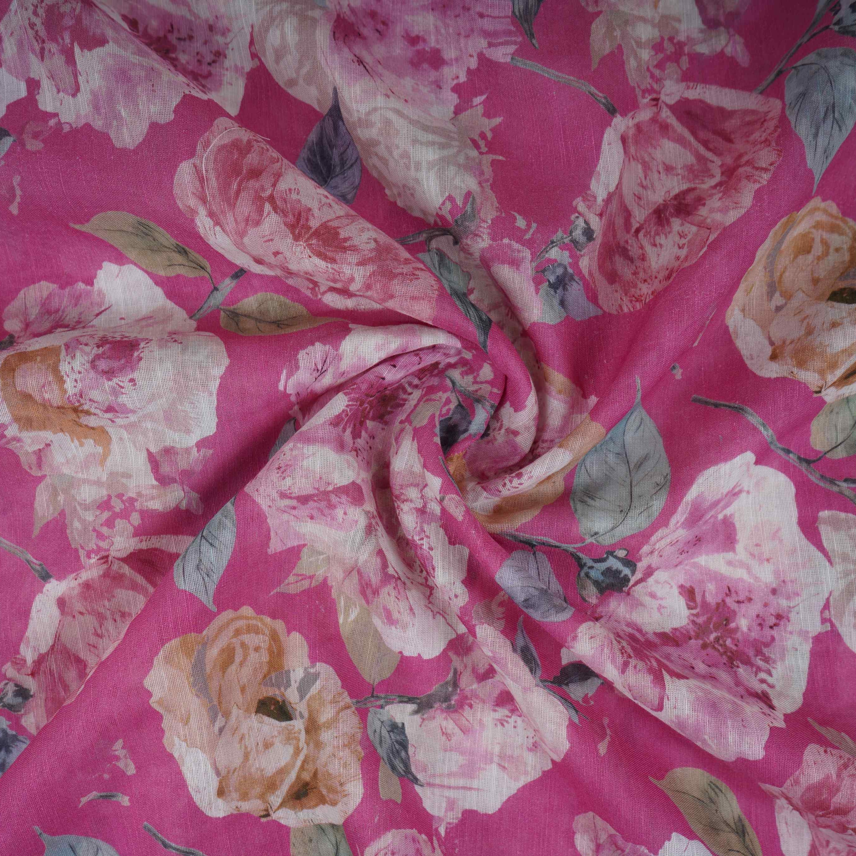 Rani Pink Floral Print Cotton Linen Fabric RT-30907 - Image 3