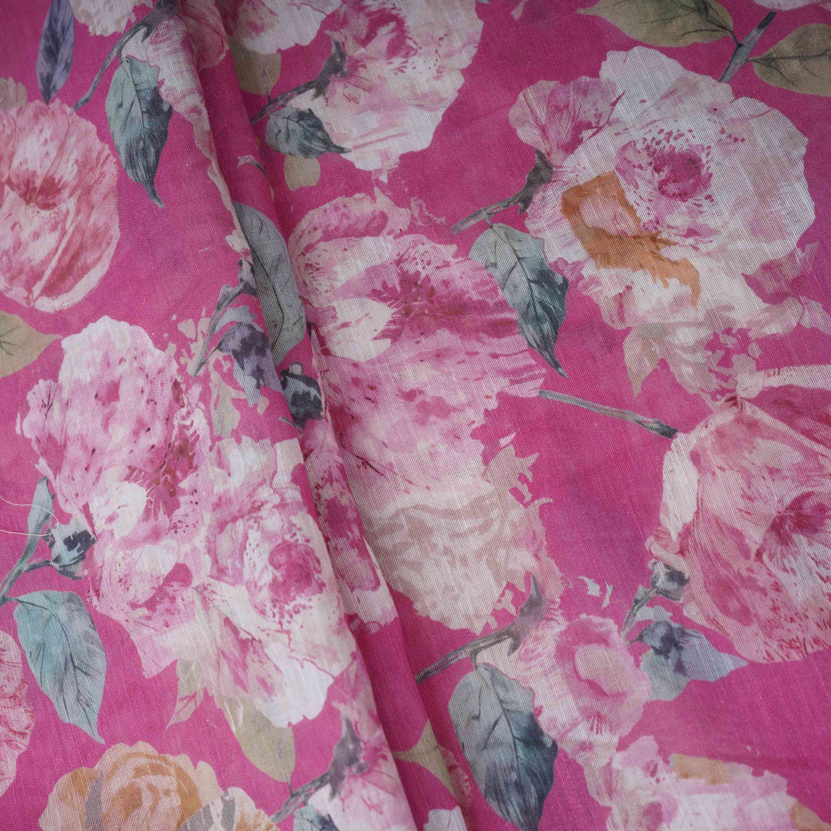Rani Pink Floral Print Cotton Linen Fabric RT-30907 - Image 4