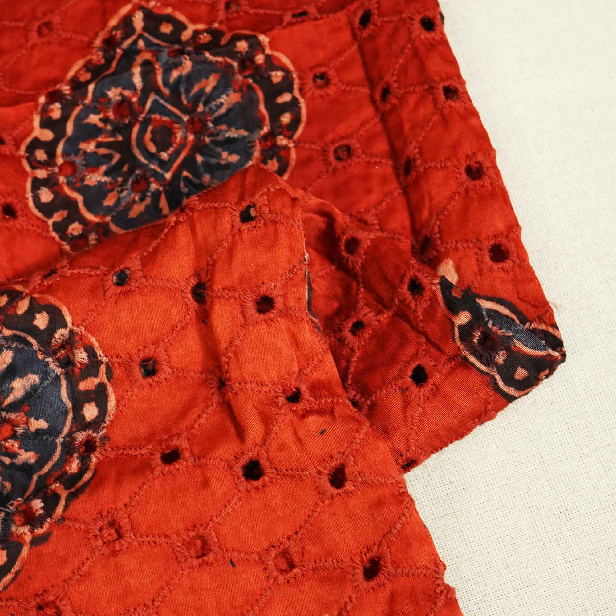Red Ajrakh Shiffli Modal Satin Fabric CA-26931 - Image 2