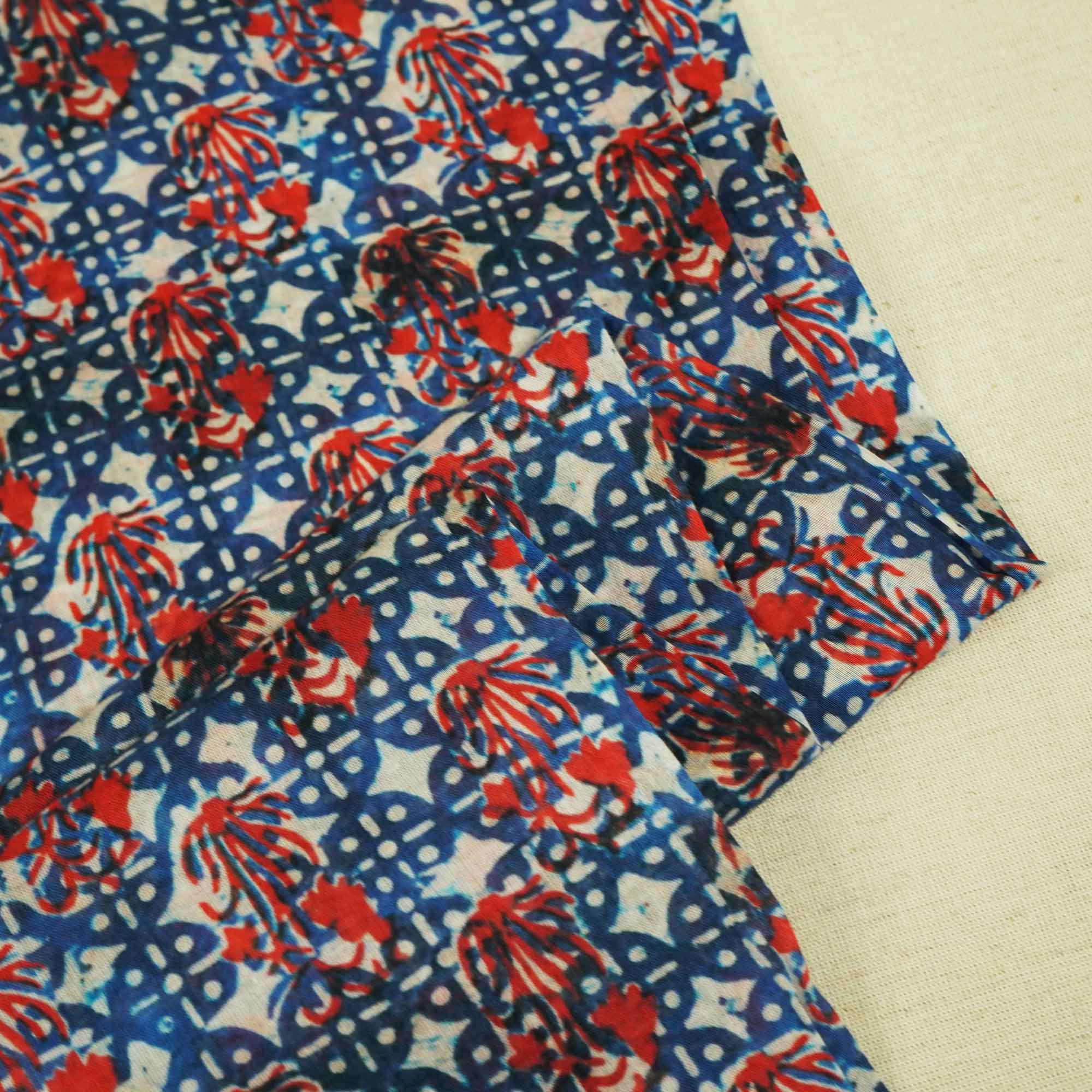 Red and White Indigo Handblock Print Mulmul Fabric GT-90-17714 - Image 2