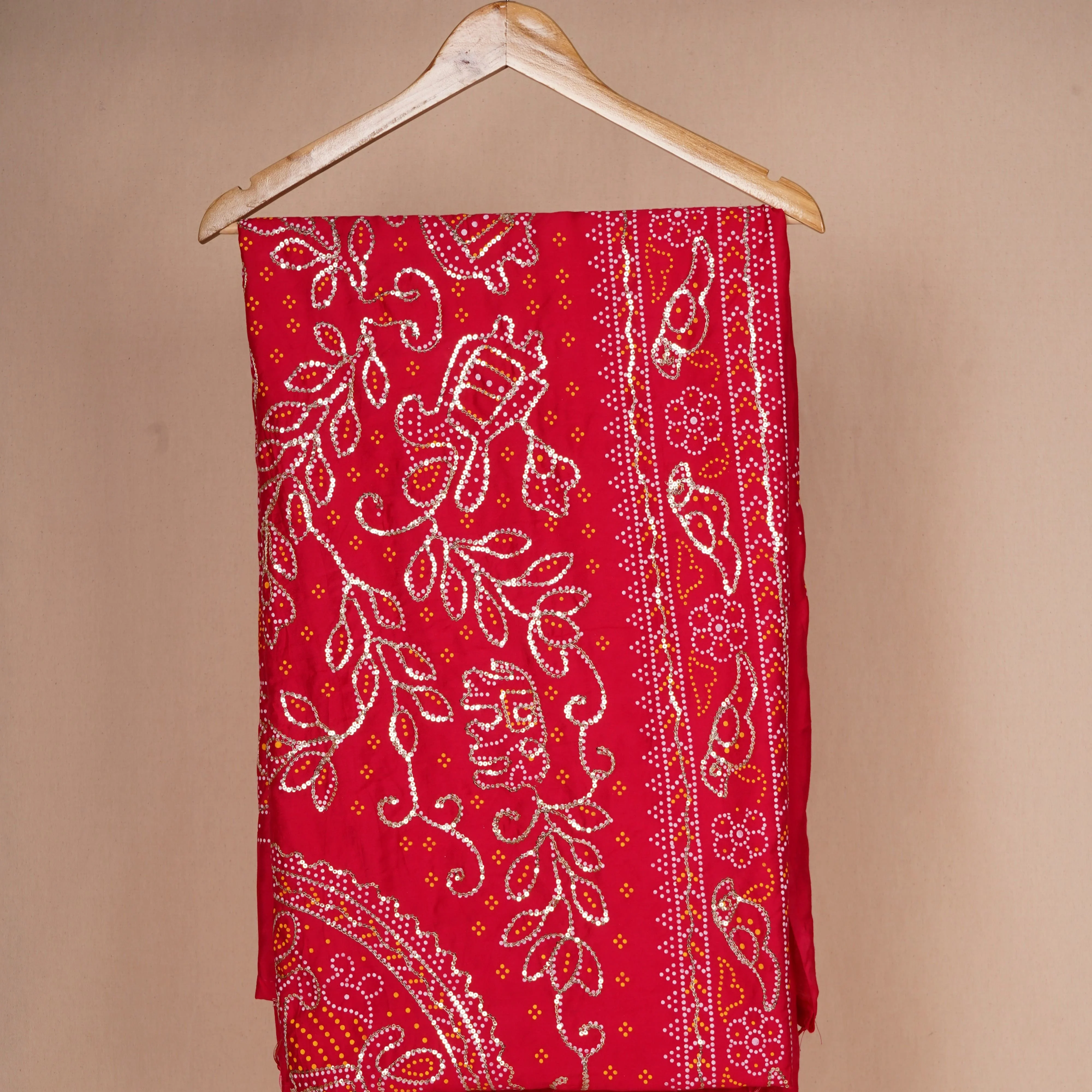 Red Bandhani Zari Sequin embroidery Cotton Silk Dupatta - Image 3