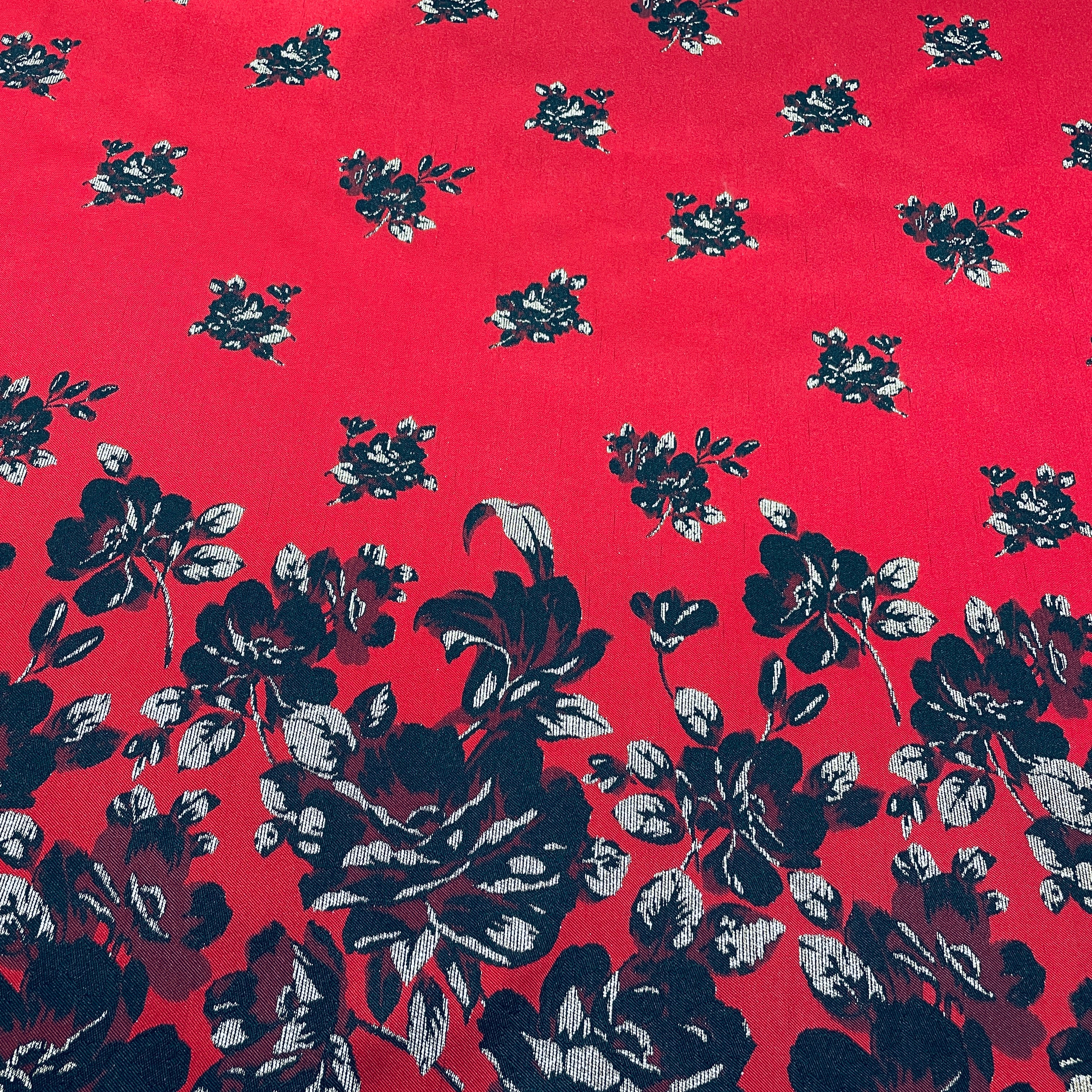 Red & Black Floral Brocade Jacquard Fabric - Image 2
