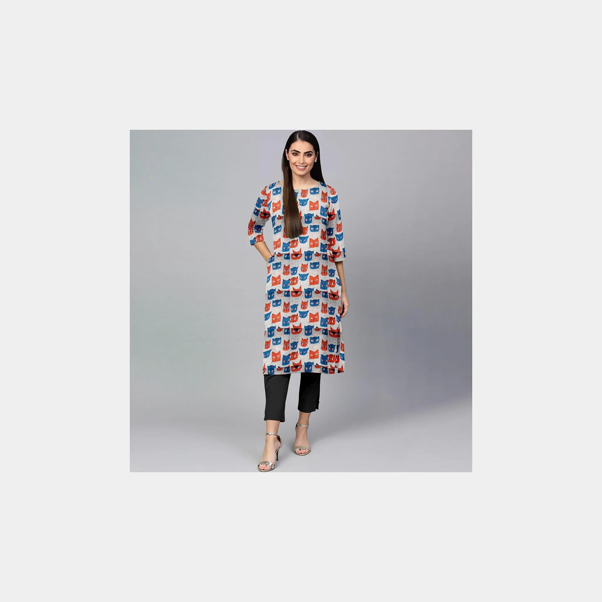 Red Blue Quirky Print Chinnon Chiffon Fabric - Image 5