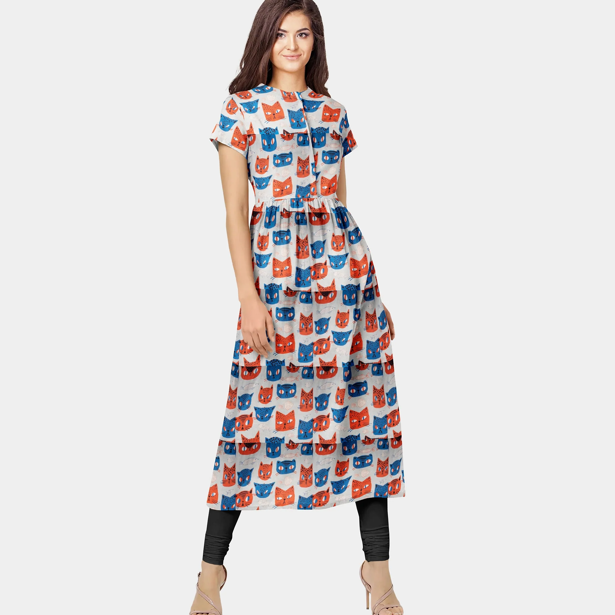 Red Blue Quirky Print Chinnon Chiffon Fabric - Image 7