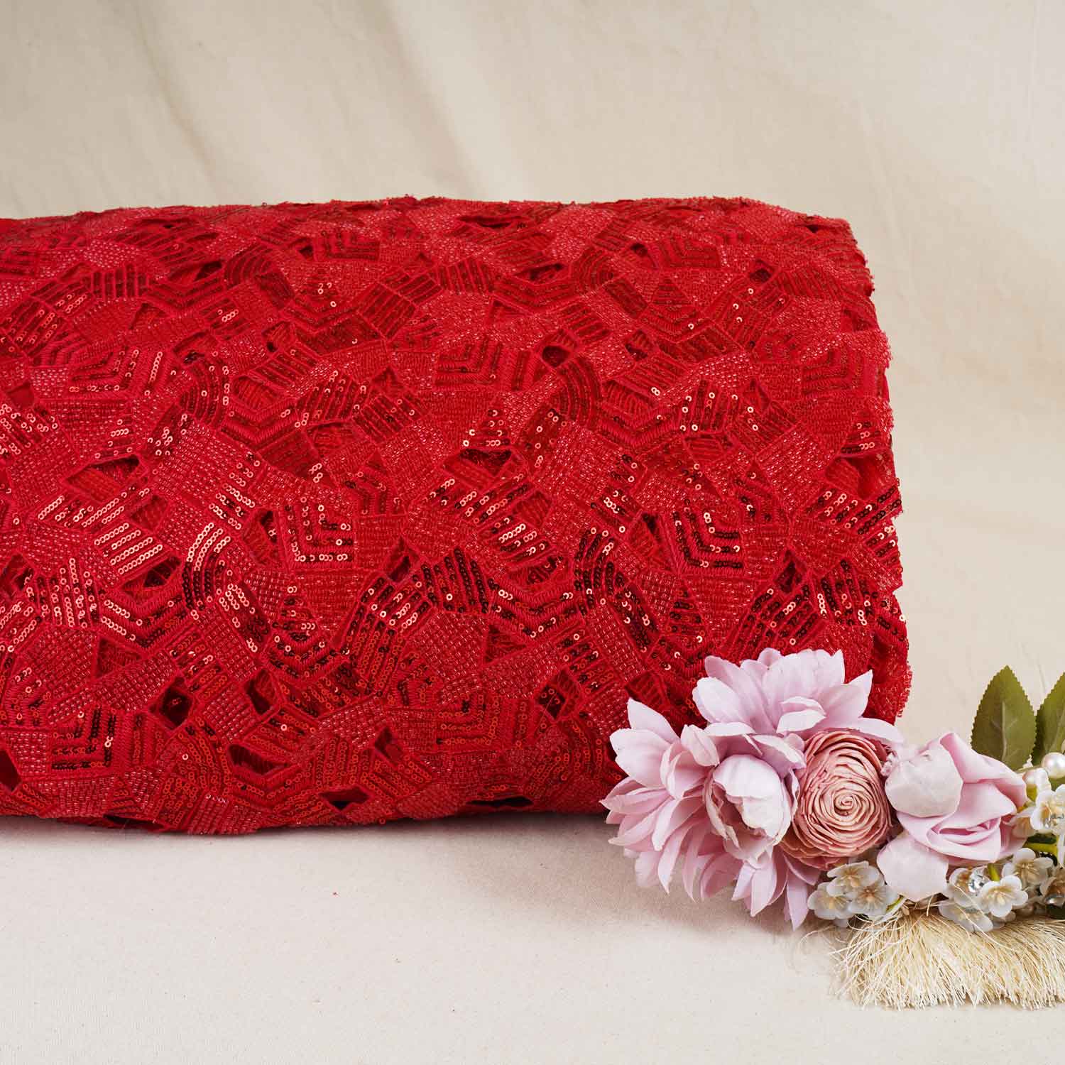 Red Cutwork Embroidery Net Fabric HCS-28996