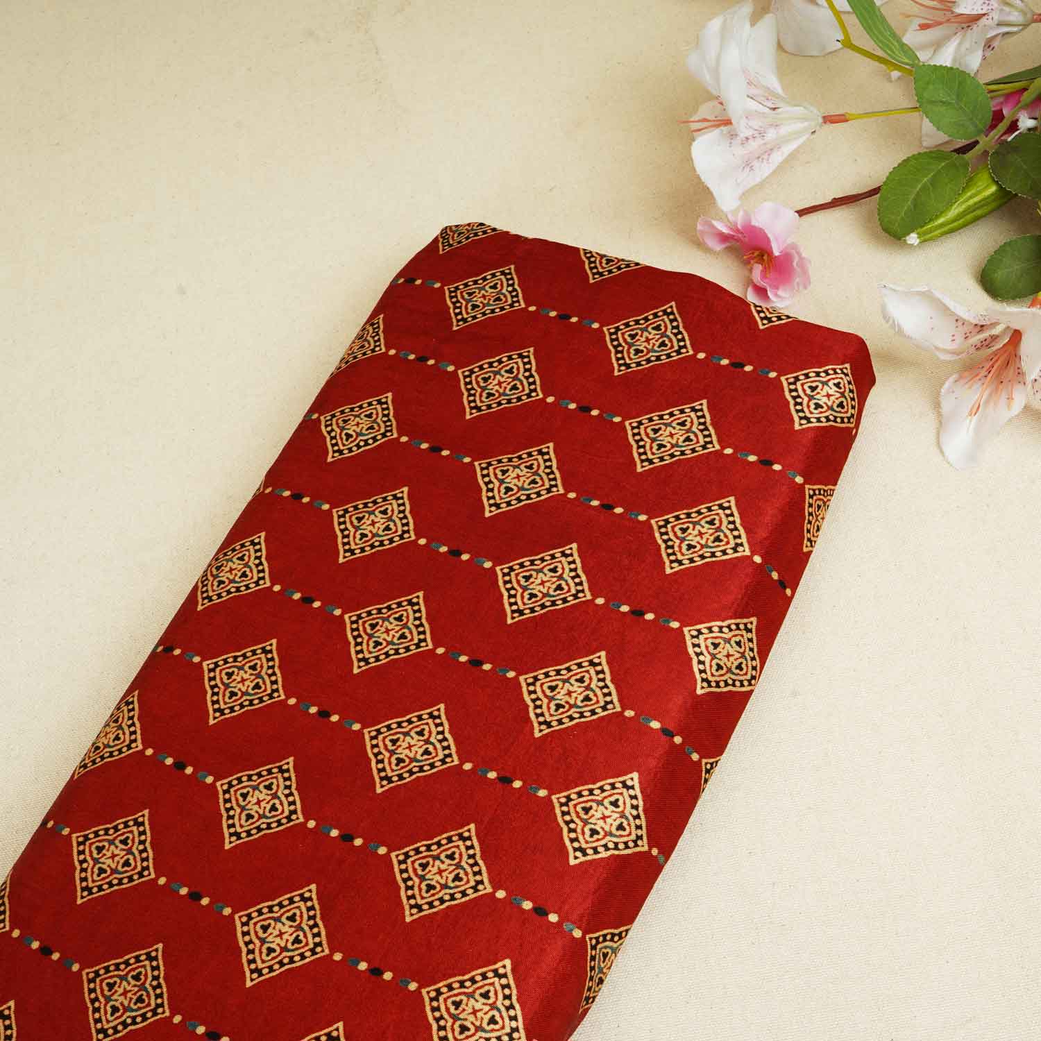Red Floral Print Mashru Silk Fabric EEG-28396