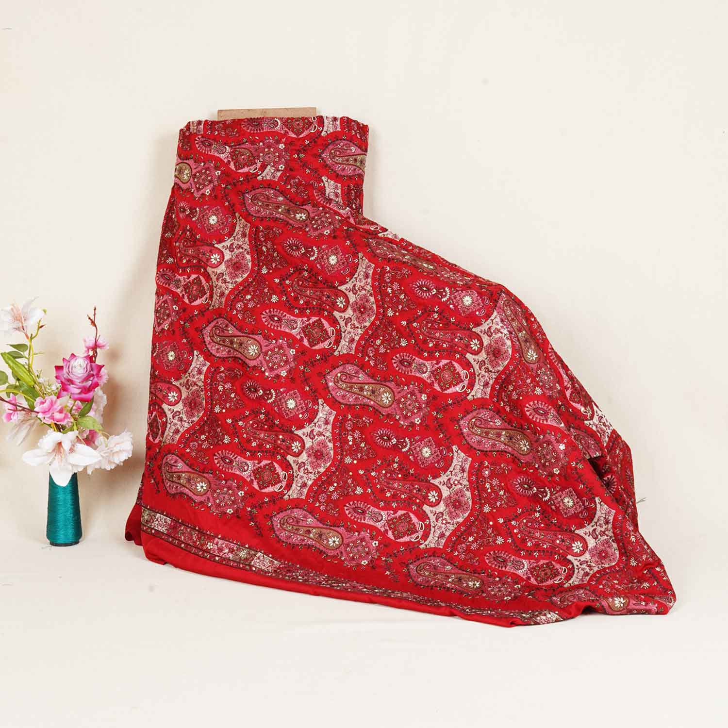 Red Kashmiri Embroidery Raw Silk Fabric DR-28218