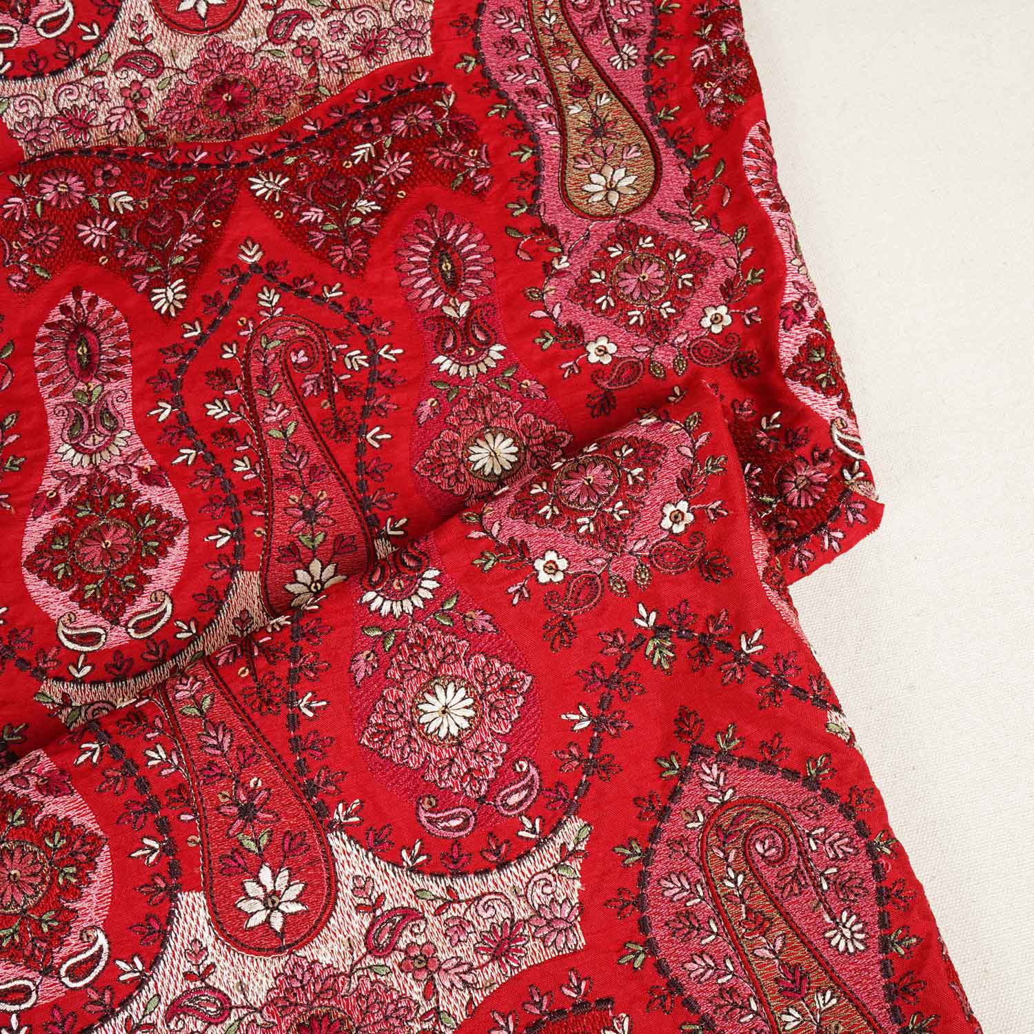 Red Kashmiri Embroidery Raw Silk Fabric DR-28218 - Image 2