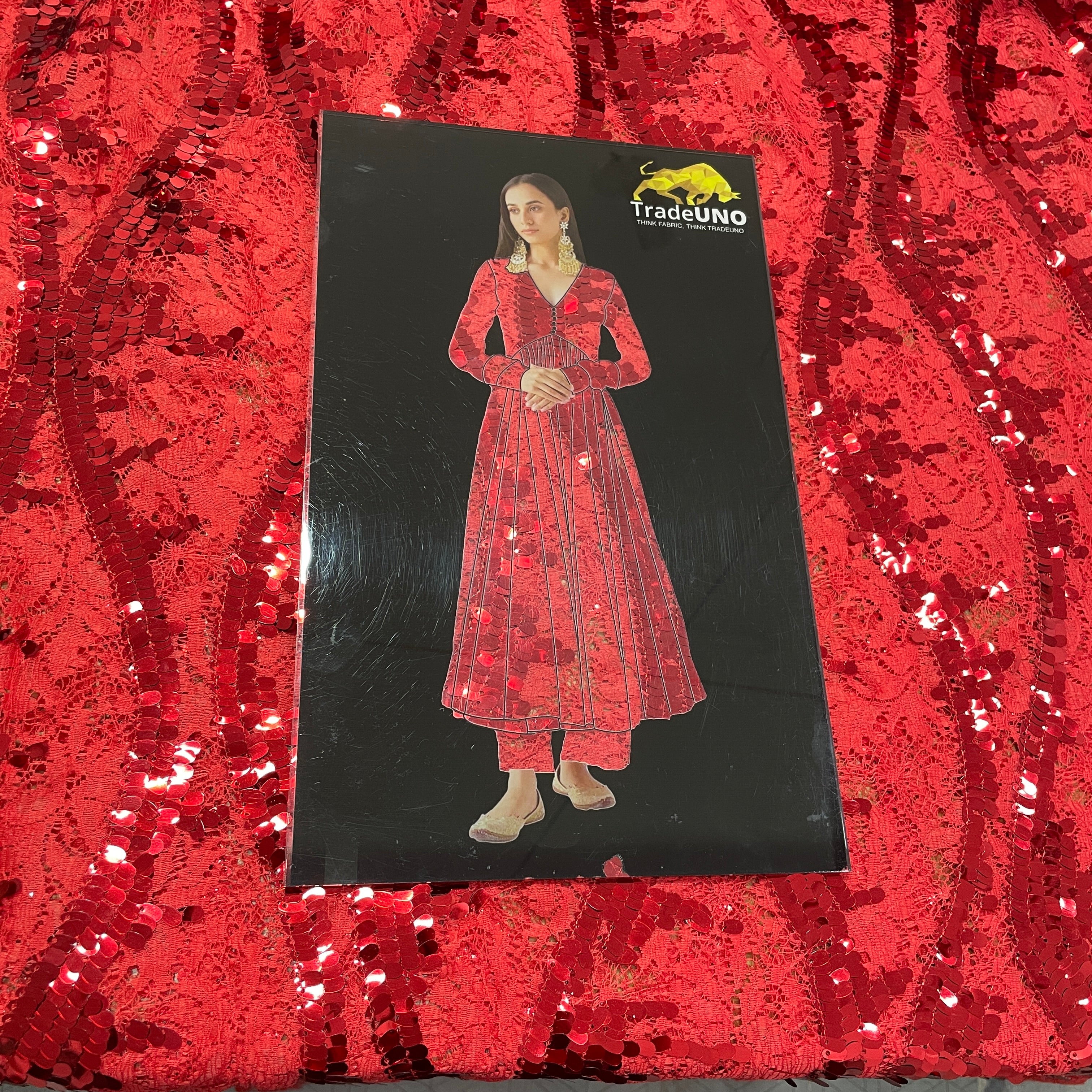 Red embroidery Sequins Fabric - Image 9
