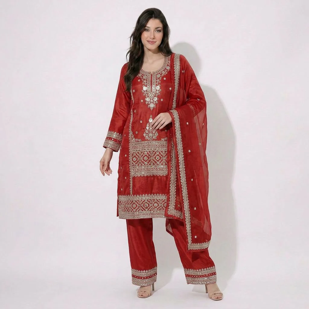 Red Mirror embroidery Pure Georgette Tissue Suit Set Dupatta TF-31366