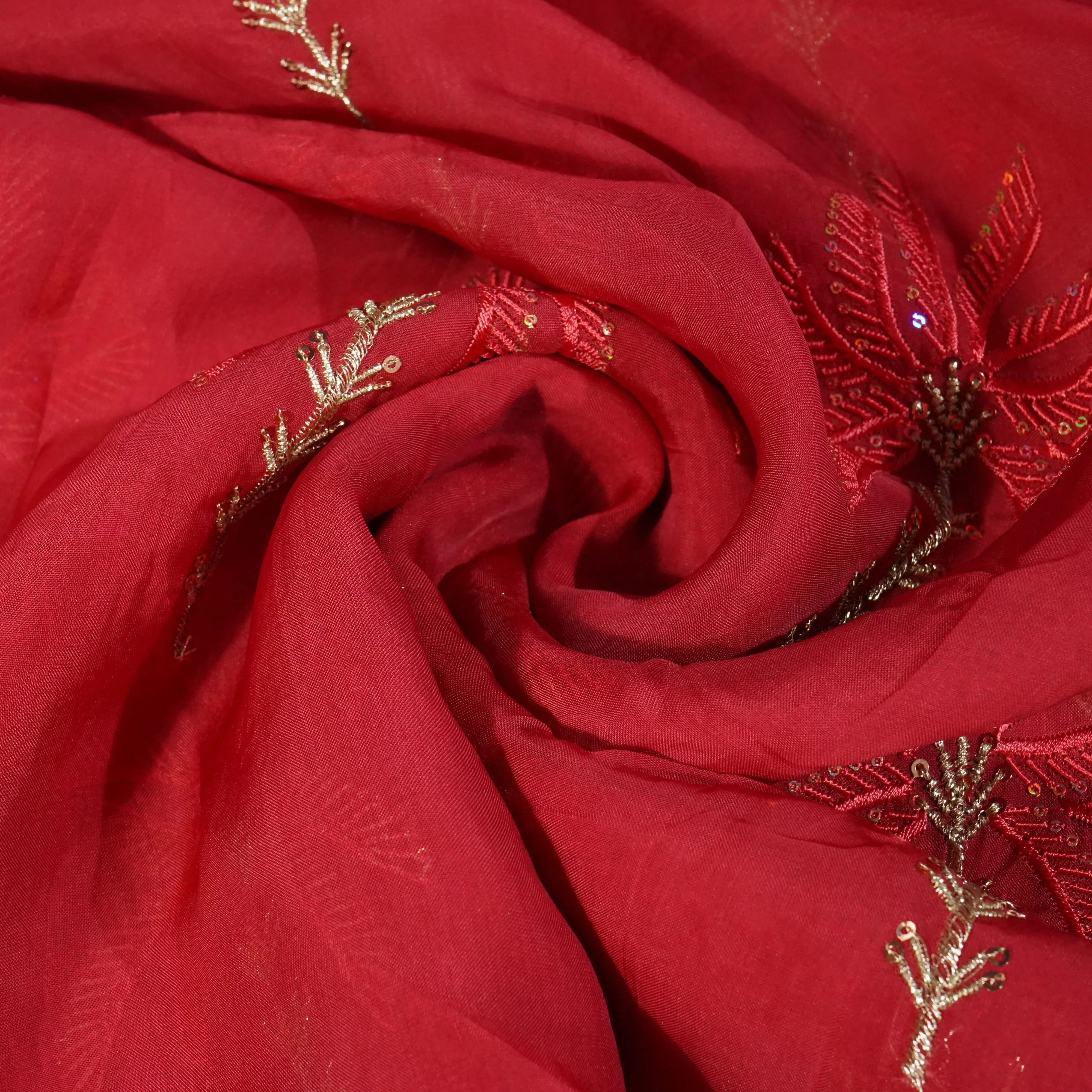 Red Thread Sequins Embroidery Organza Fabric 20856