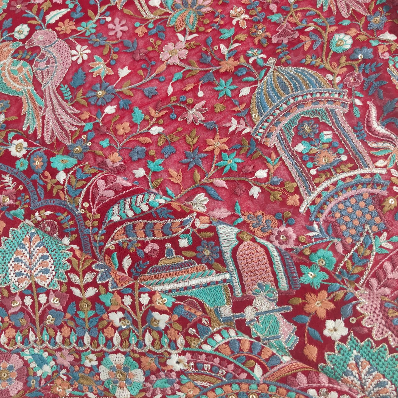 Red Traditional Zari Embroidery Georgette Fabric DR-28022