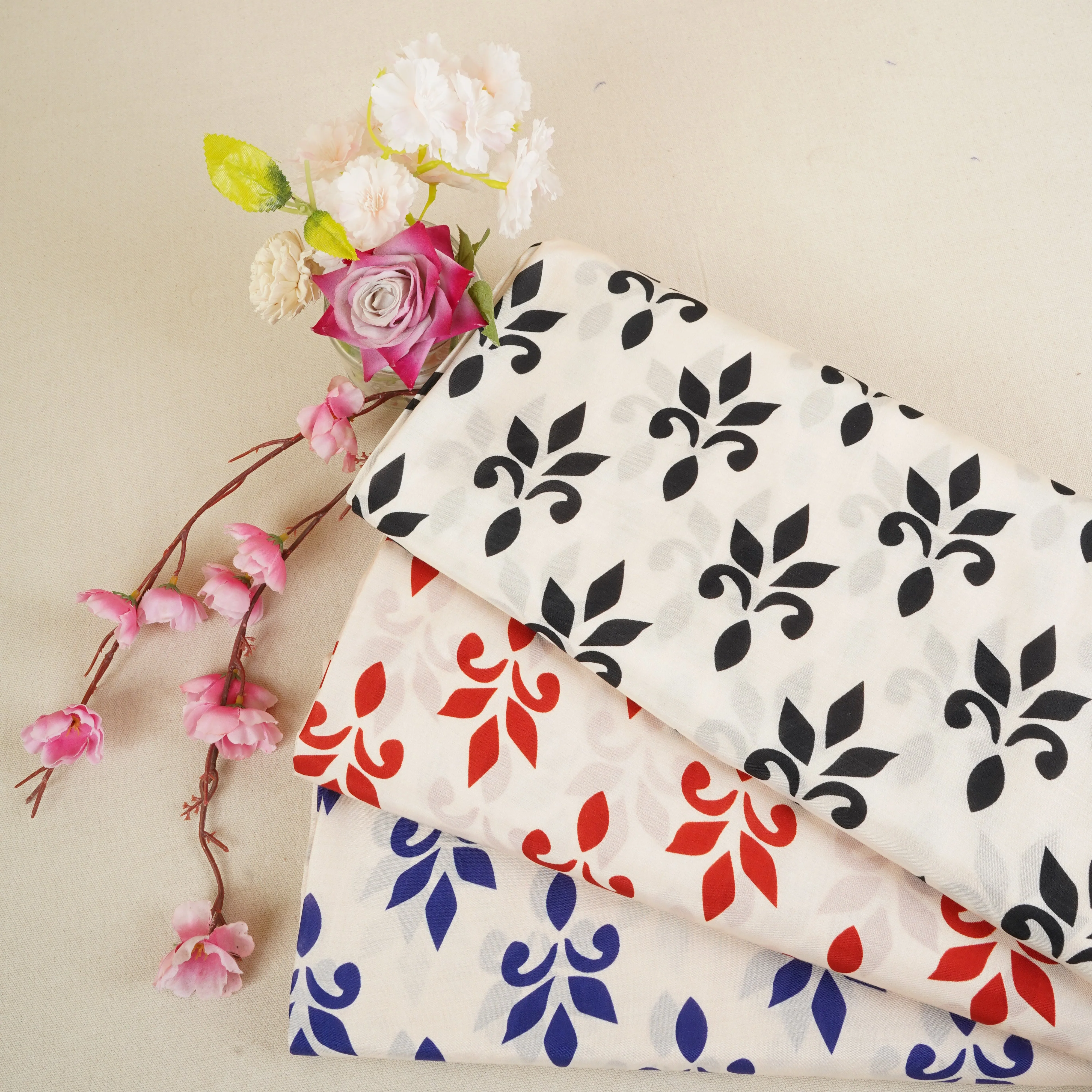 Red with Cream Floral Print Muslin Fabric MT-29393 - Image 5