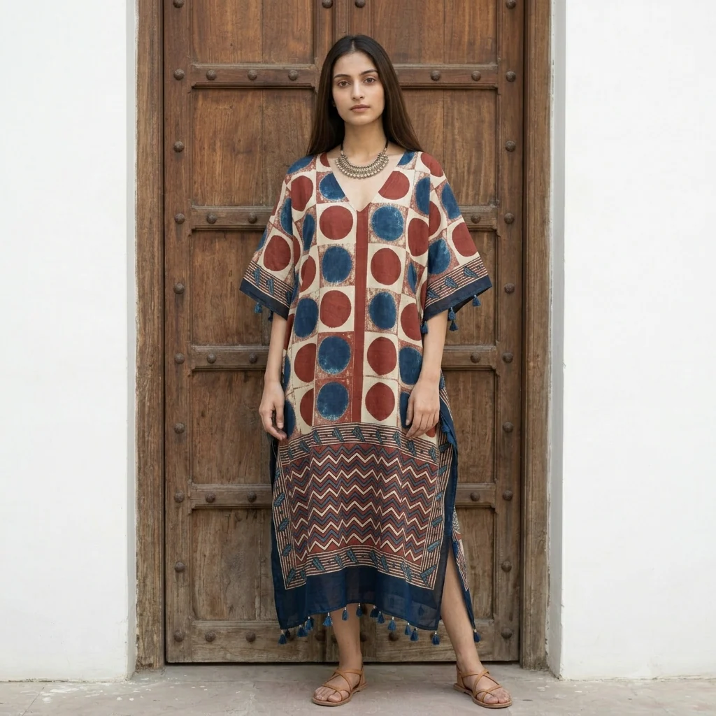 Red with Cream Polka Dot print Modal Silk Kaftan EEG-31633