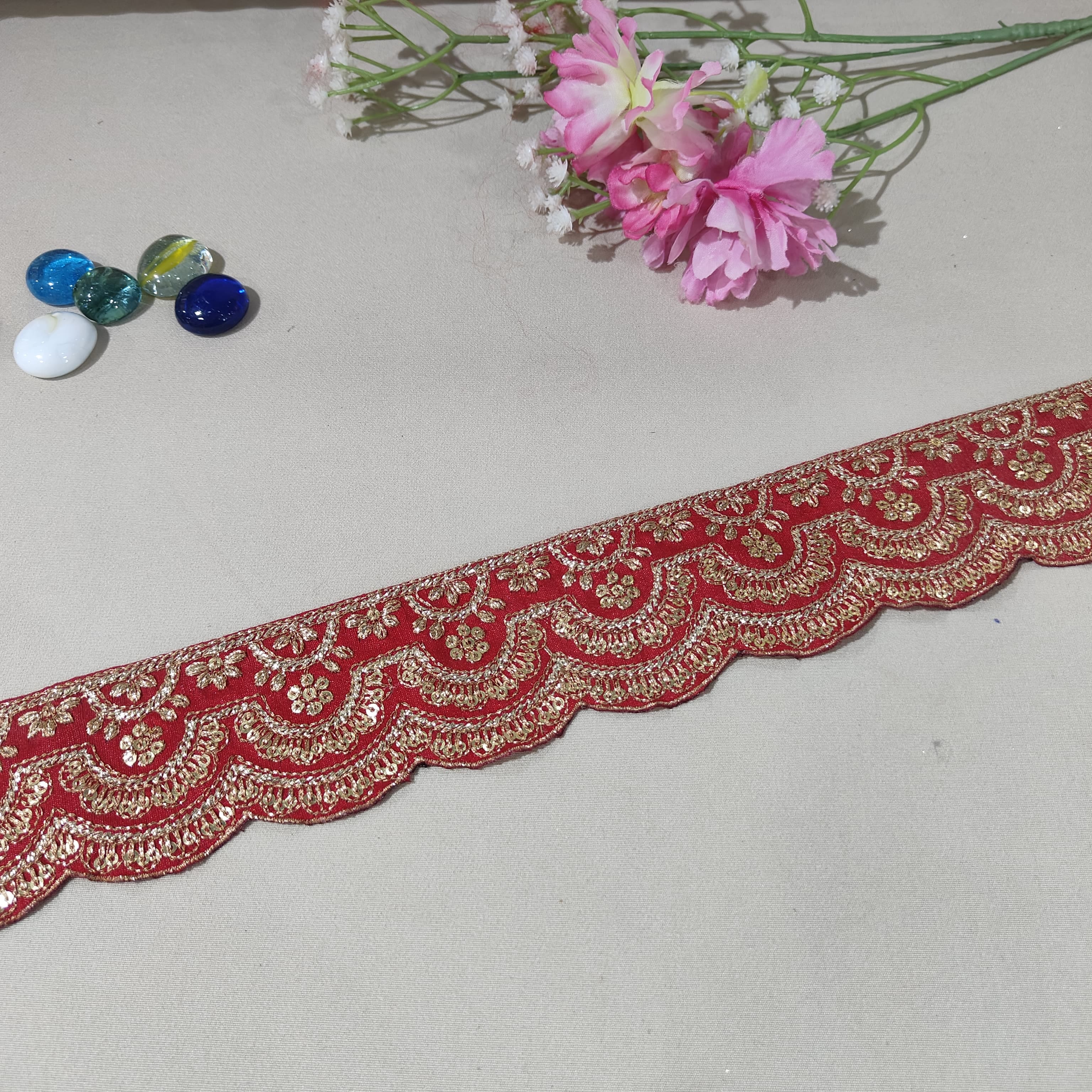 Red Zari Sequins Embroidery Lace 15851 - Image 2
